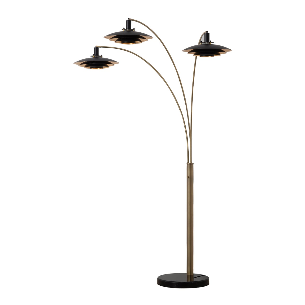 Antique Nickel 3-Light Arc Floor Lamp with Matte Black Shades