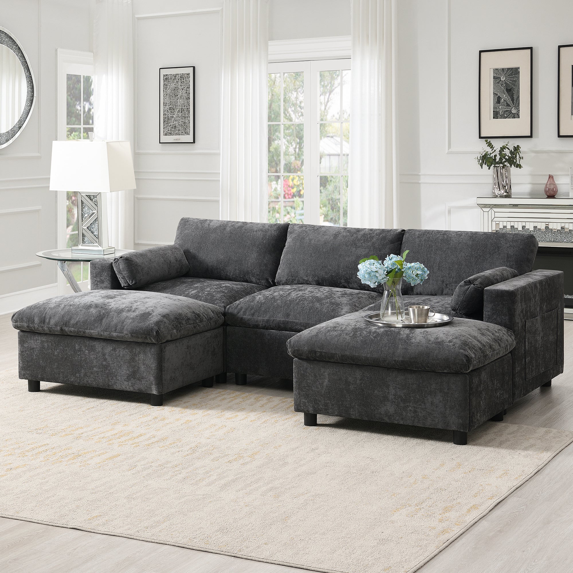 Boyel Living - Cloud Sofa U-Shaped Sectional Sofa Armrest Pillows Dark Gray Chenille