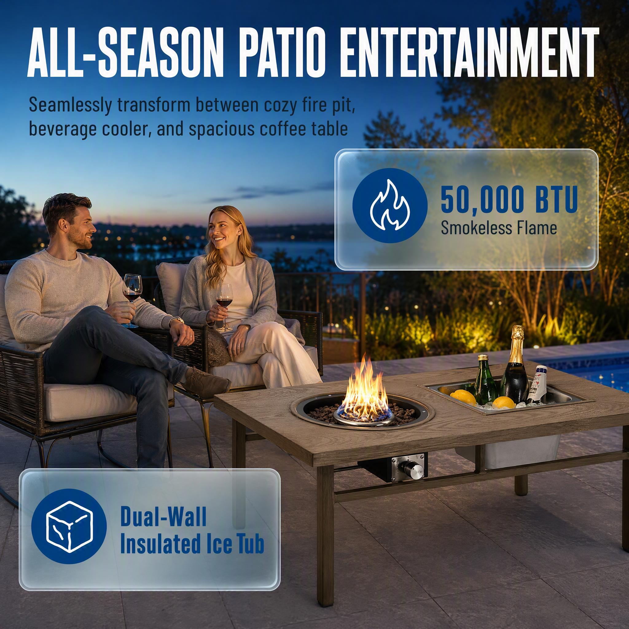 WOQWOQ 47 in Aluminum Propane Fire Pit Table 50000 BTU 3-in-1 Outdoor ...
