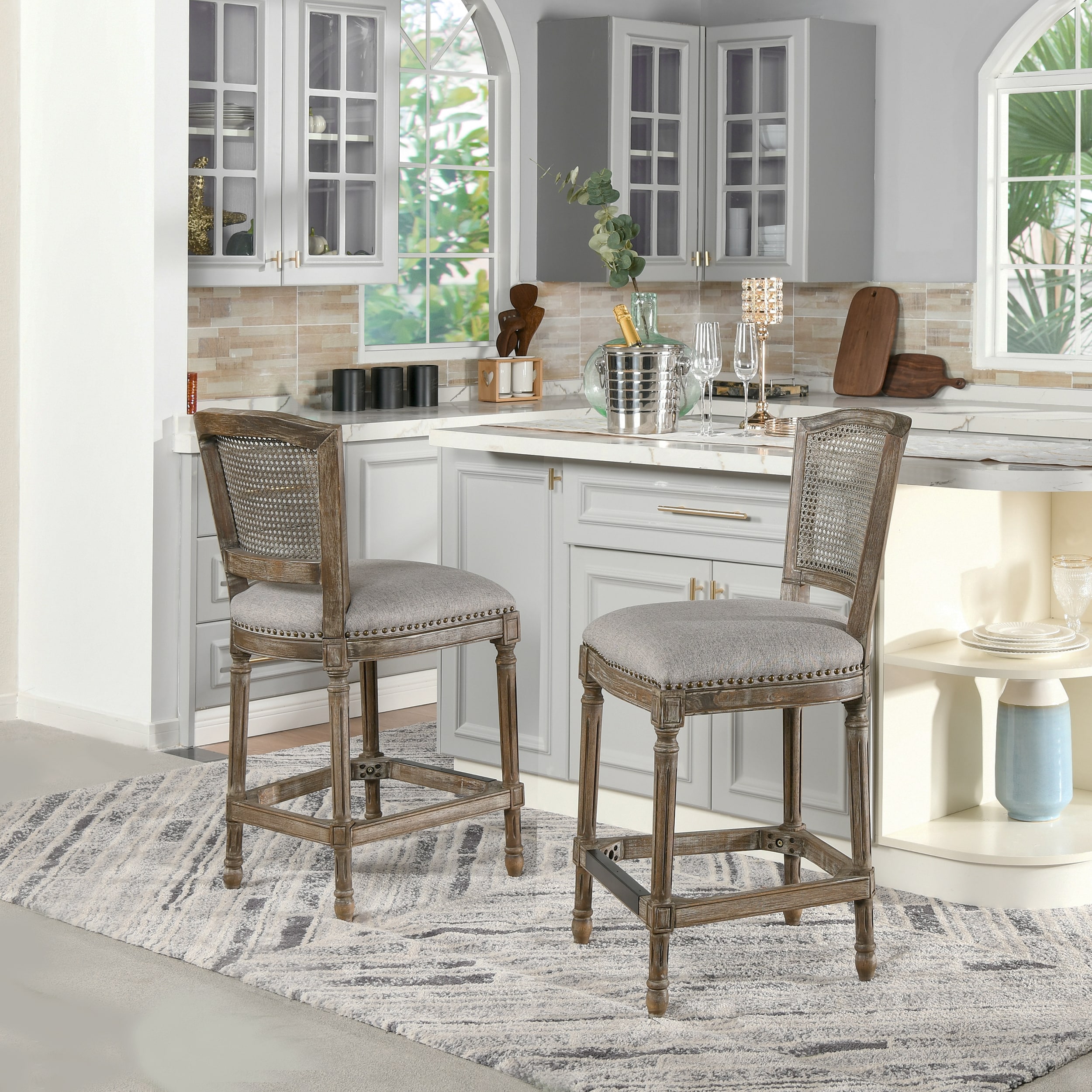 Triomphe Dark Heathered Grey Linen and Oak Wood Counter Stool