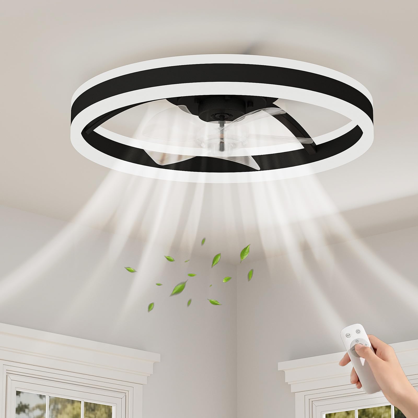 IdealHouse Flush Mount Ceiling Fan - 20 Inch Caged Fandelier with LED Light Remote Control Quiet Motor - Black