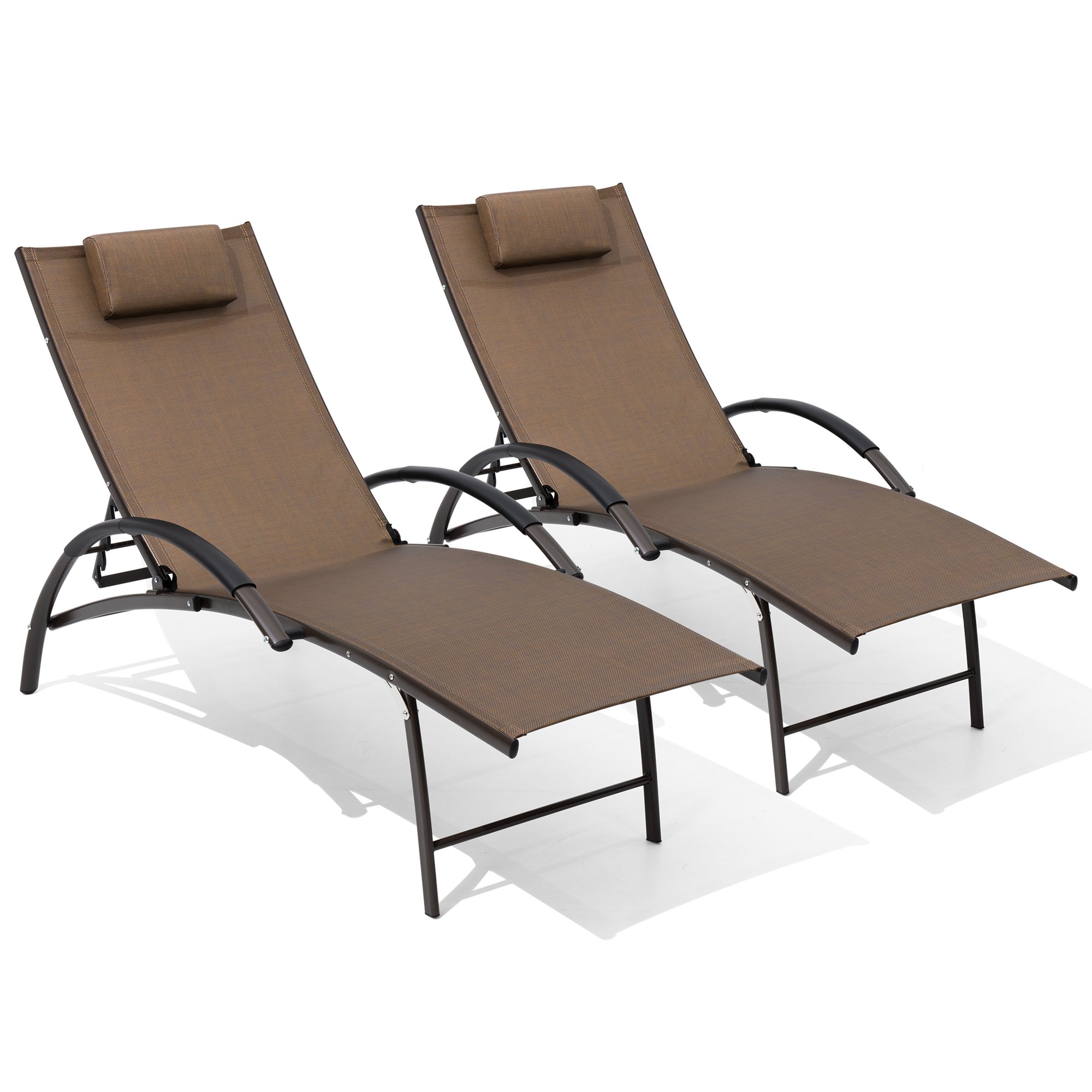 Crestlive Products CL-LG003BRN-2PC Patio chaise lounge Set of 2 Brown coating Aluminum Frame Stationary Chaise Lounge Chair with Brown Textilene Fabric Sling Seat