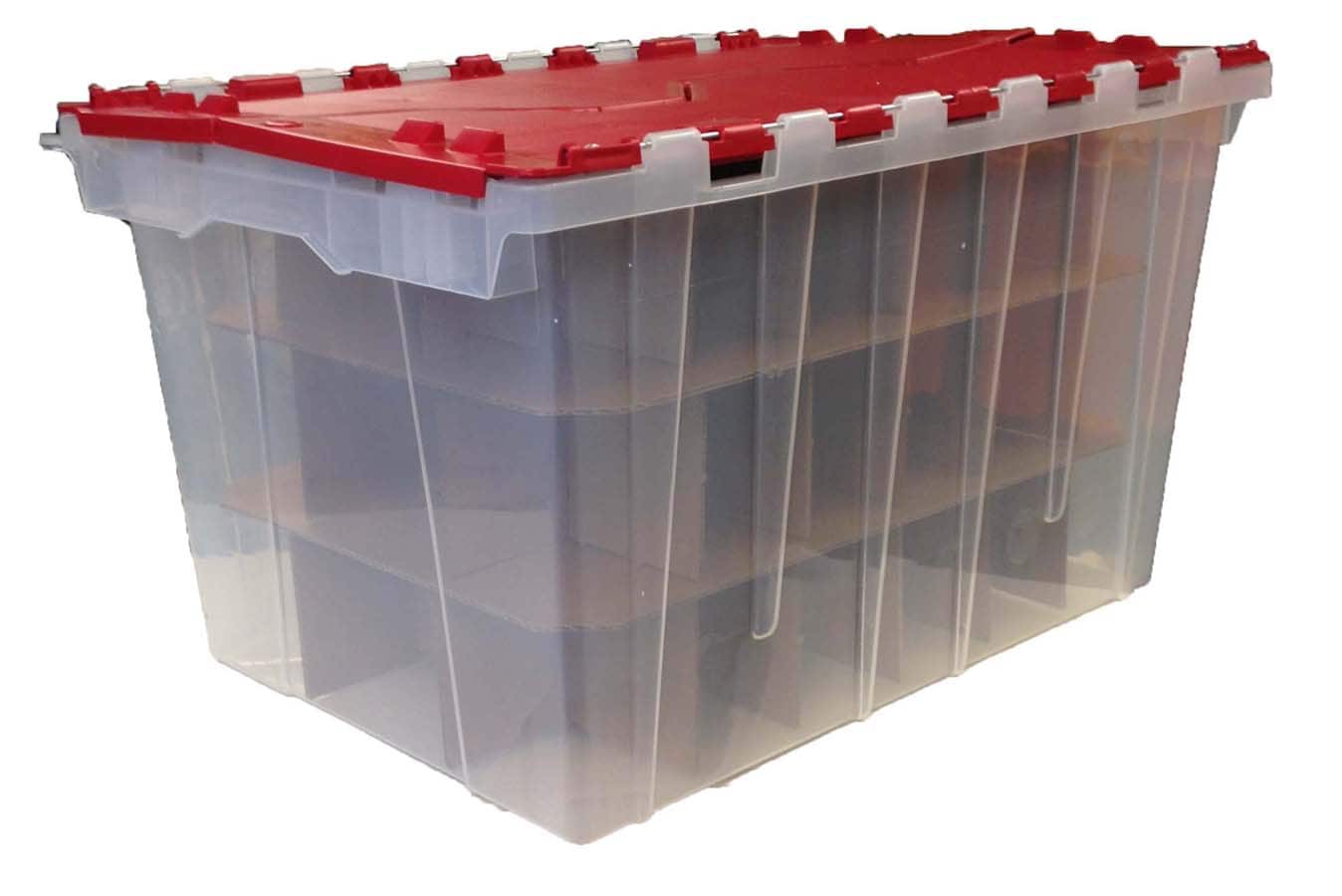 Akro-Mils 6648612-Gallon Plastic Stackable Storage KeepBox: Tote Container  with Attached Hinged Lid, 21-1/2-Inch x 15-Inch x 12-1/2-Inch, Clear/Red
