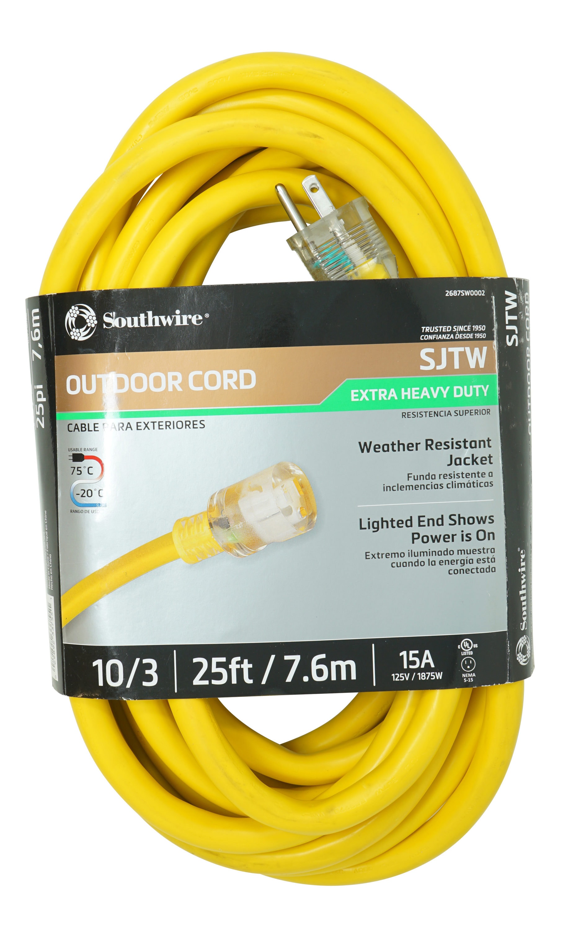 Outdoor Extension Cord Waterproof, 12/3 SJTW Heavy Duty 15A 1875W