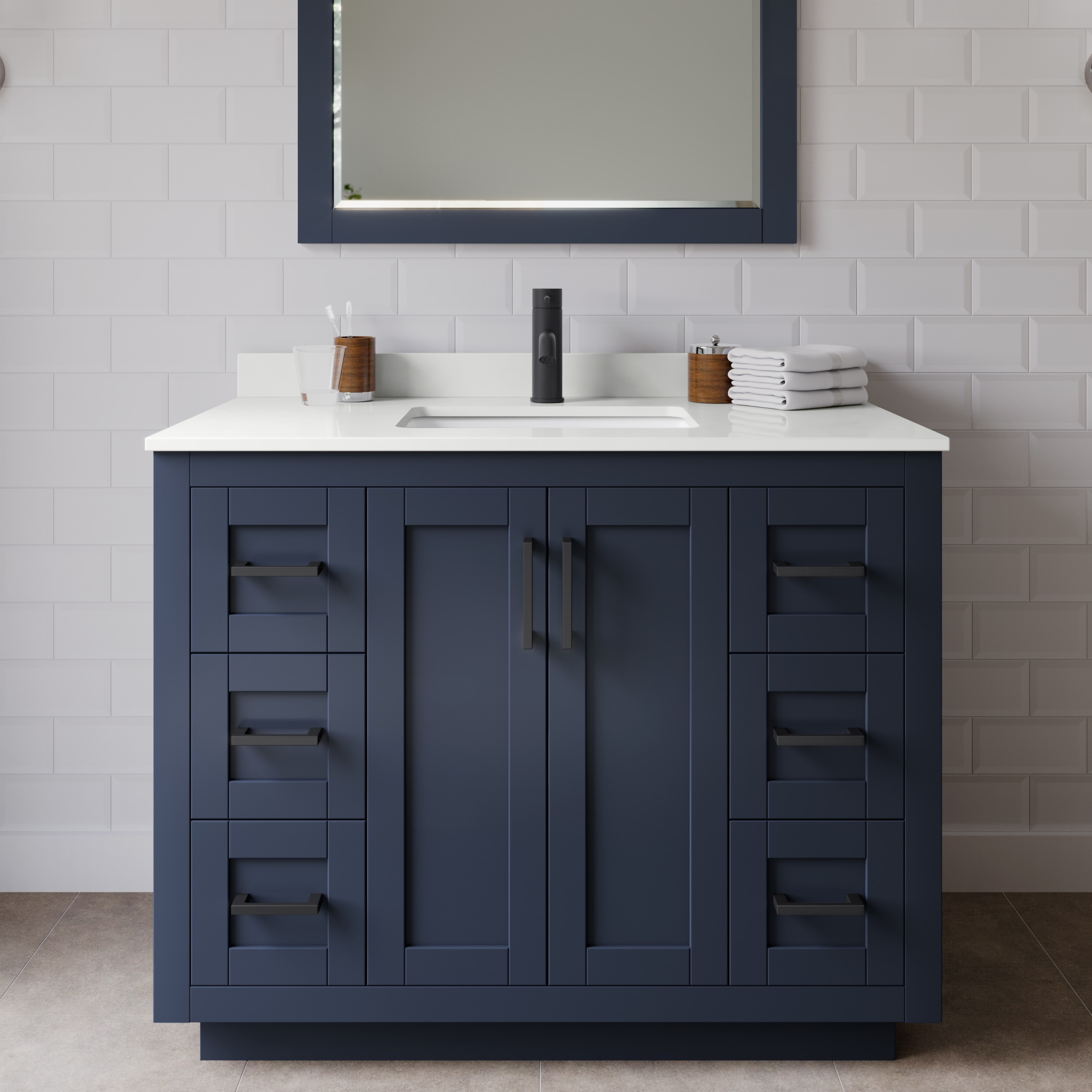 Wyndham Collection WCF292942SBBWQUNSMXX Miranda 42-in Dark Blue Undermount Single Sink Bathroom Vanity with White Quartz Quartz Top
