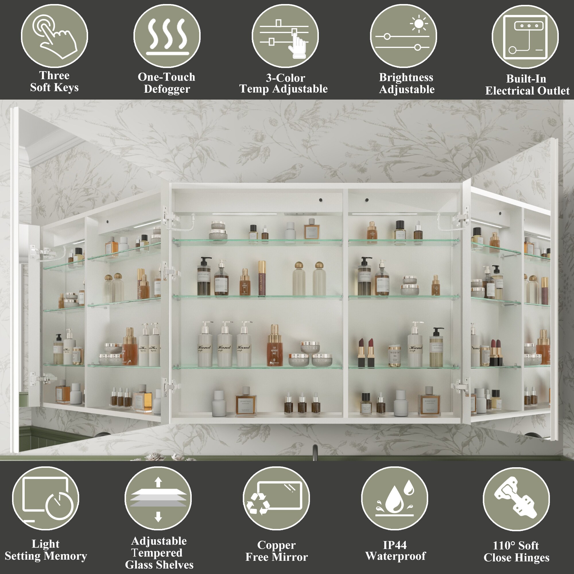 ExBrite 40-in x 32-in Lighted LED Fog Free Surface/Recessed Mount Silver Mirrored Soft Close Medicine Cabinet with Outlet