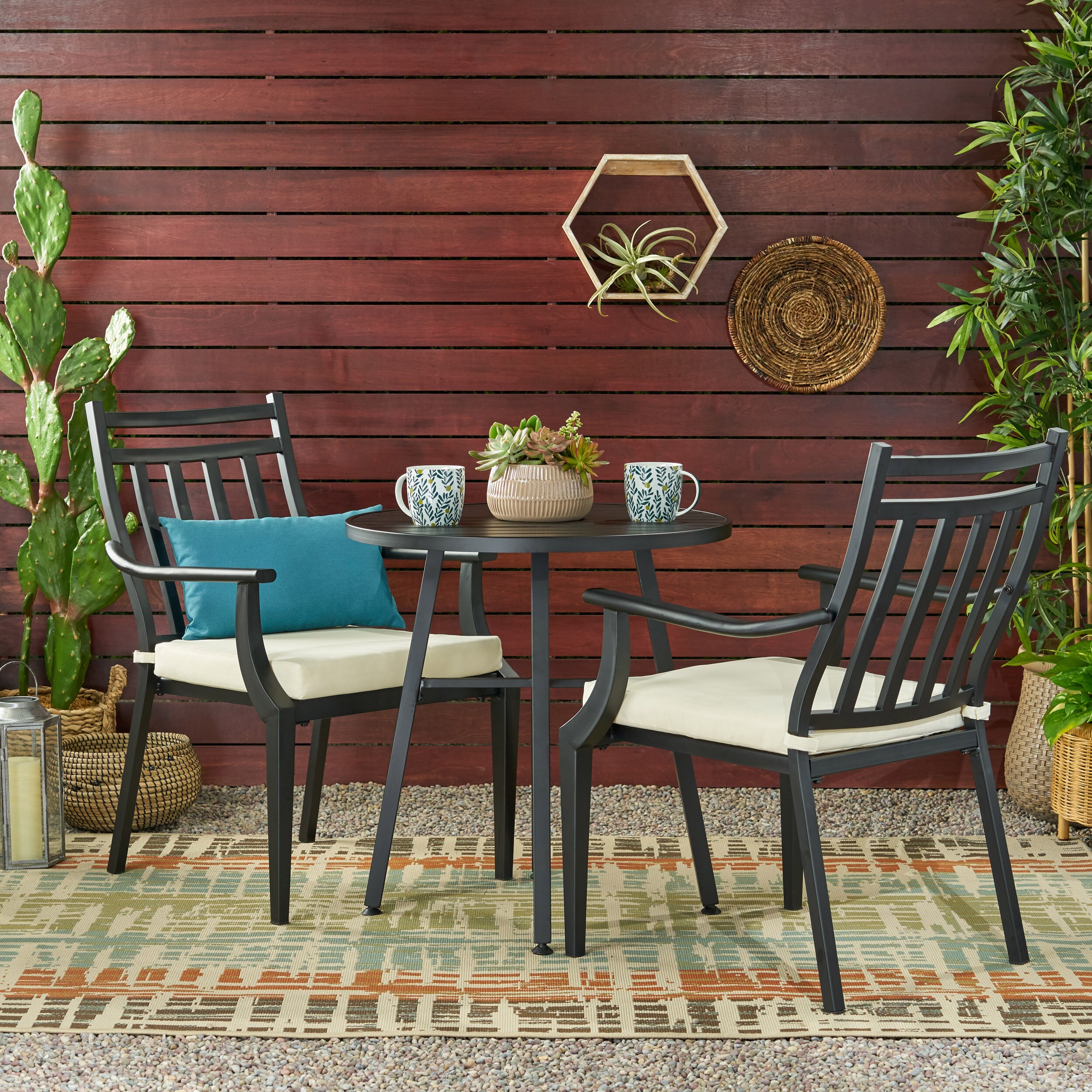 Matte Black and Beige Iron 3-Piece Outdoor Bistro Set with Cushions