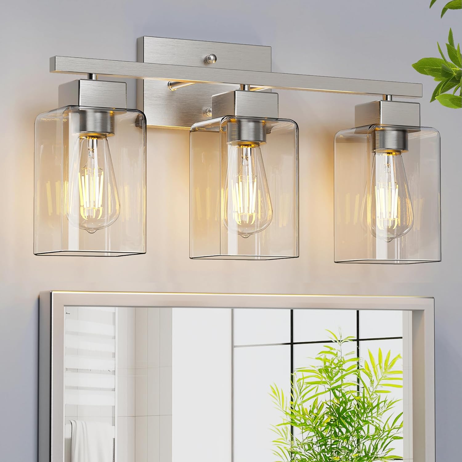 Cinoton 3-Light Bathroom Light Fixtures Brushed Nickel Modern Vanity Lights Bathroom Lighting Fixtures Over Mirror Square Design Farmhouse Wall Sconces with Clear Glass Shades
