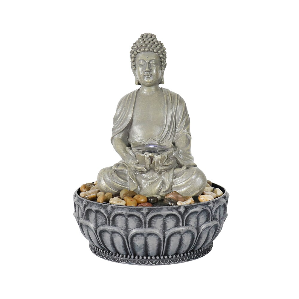 BUDDHA WITH WATERFALL DECORATION POLYRESIN BROWN TABLETOP WATER FOUNTAIN 