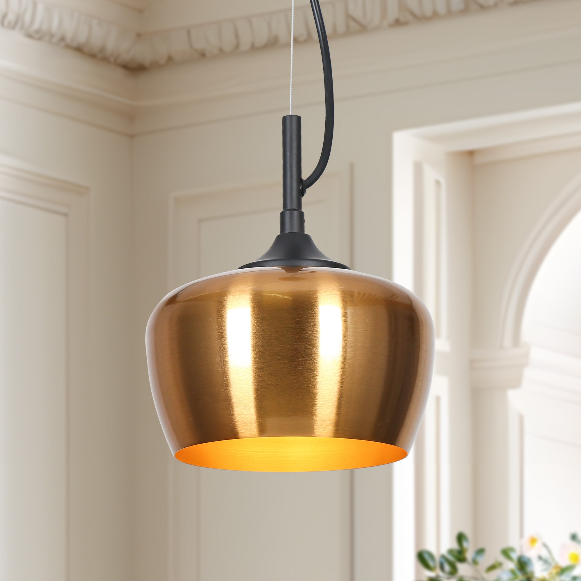 LNC Resplandor 1 -Light Electroplated Copper and Matte Black Mid-century Metal Dome Mini Hanging Pendant Light