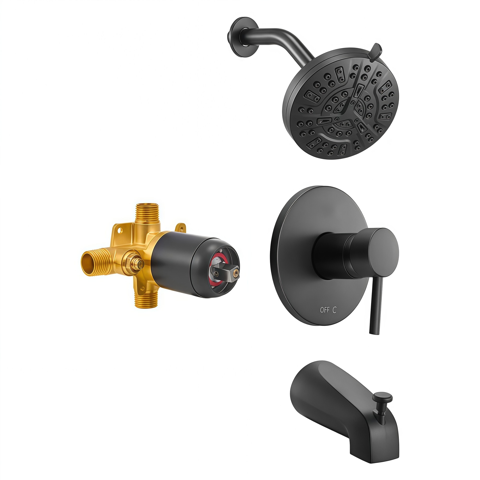 Numhew Single-Handle 5-Inch 4-Piece Set 8-Setting Adjustable Spray Matte Black Tub and Shower Faucet Set