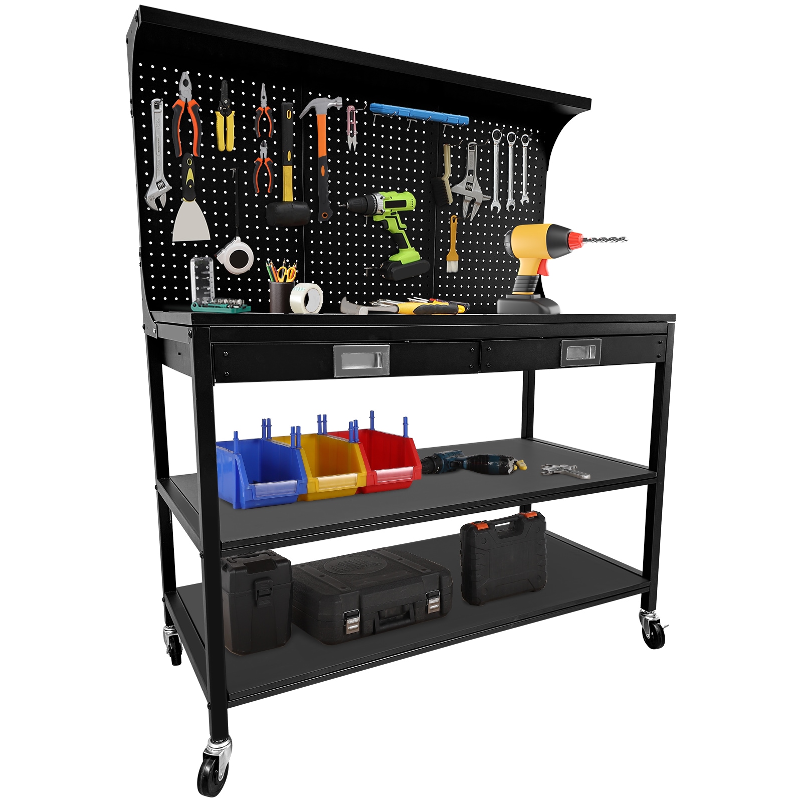 Aoile Heavy Duty 48 in Metal Workbench with Pegboard 2 Drawers 3 Tier Shelves 35 Hooks Wooden Top Multifunctional Garage Workshop Tool Bench Black