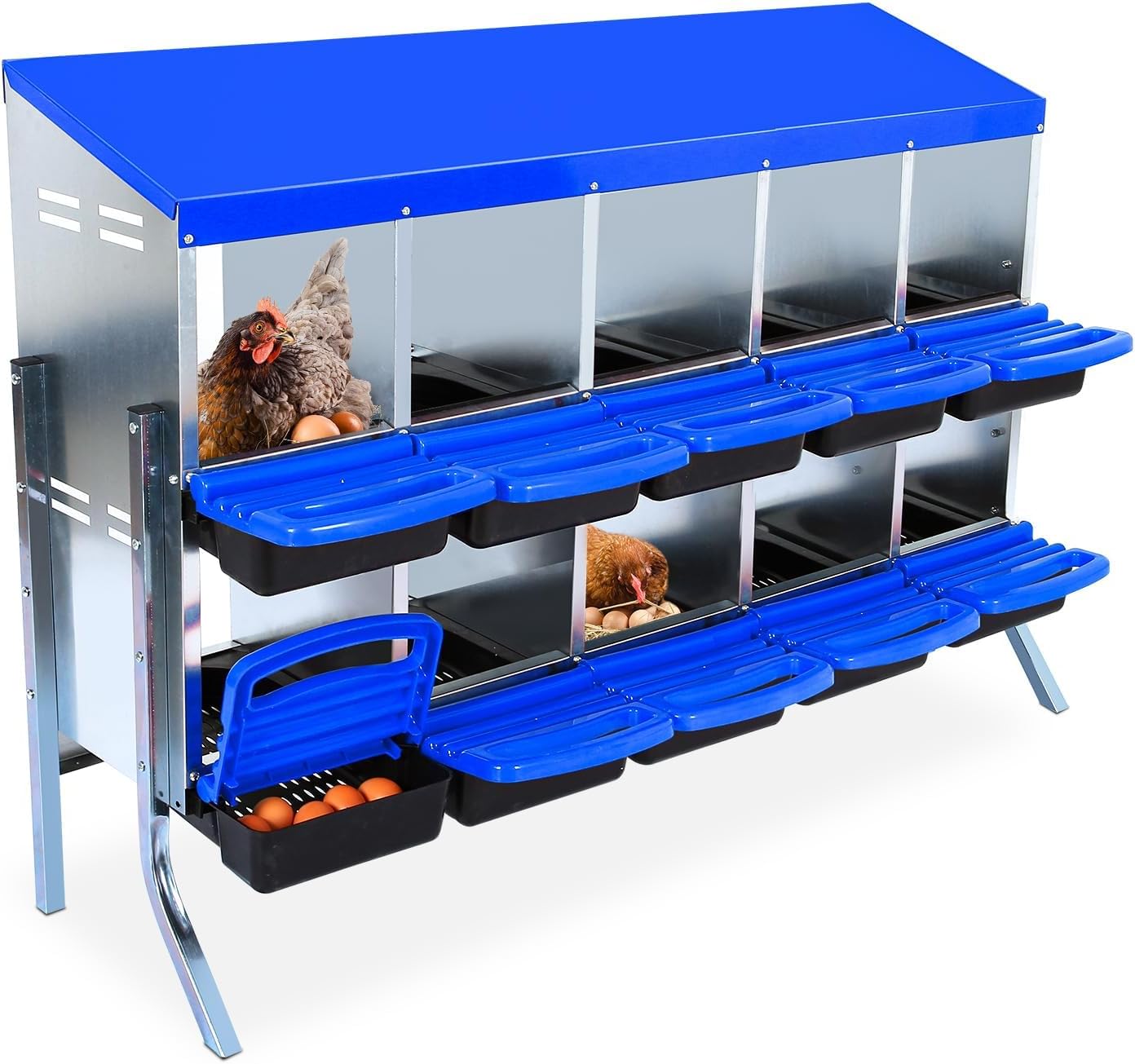 Qeetex GGL-PPG-33CXHCYG 10-Hole Blue With Stand Chicken Nesting Box Roll-Away Egg Collection System with Ventilation Holes  Rustproof Plastic Tray Keyhole Mounting  Chicken Laying Box for Hen or Duck