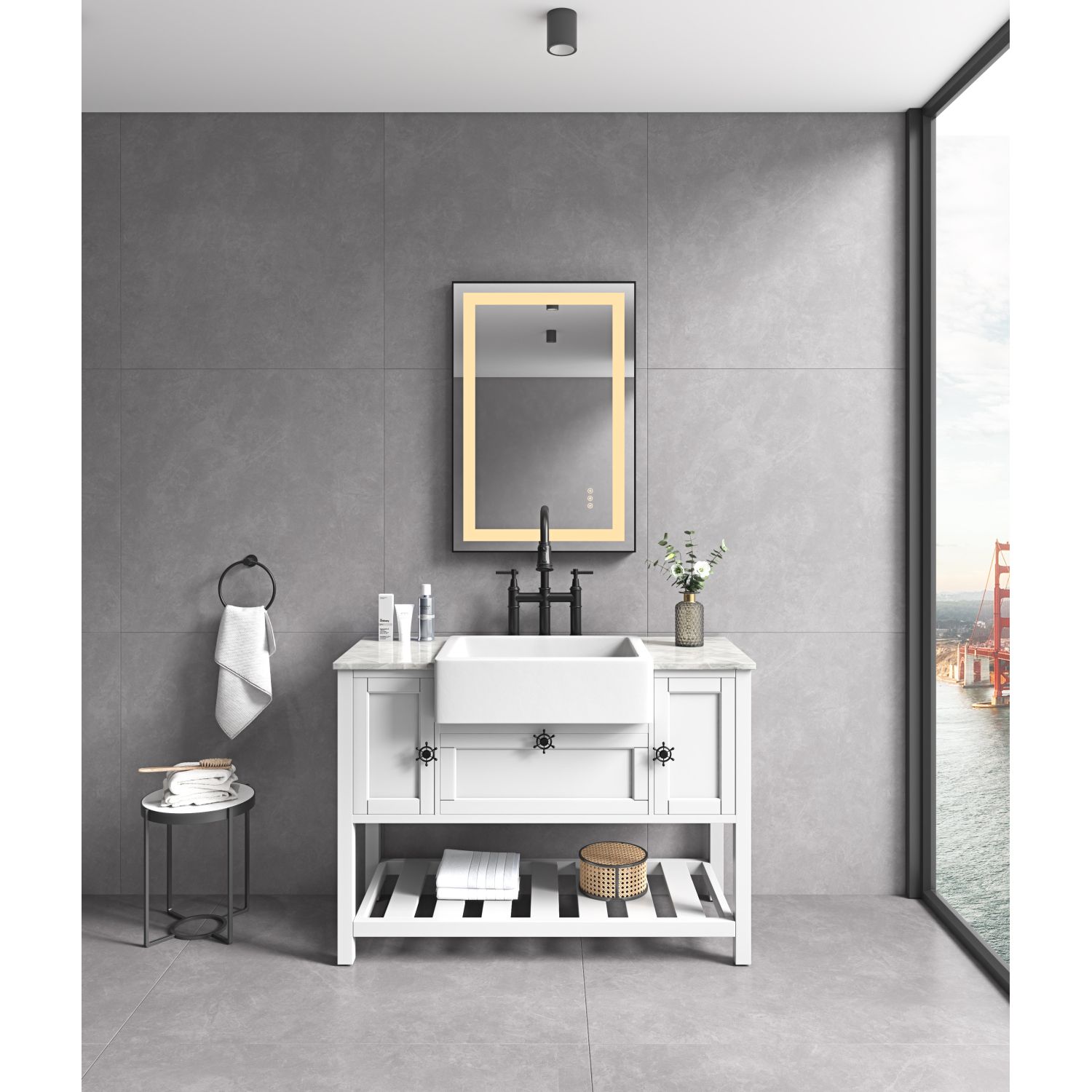 JASMODER W127257128 24-Inches W x 39.5-Inches H Rectangle Matte Black Framed Lighted Wall Mirror