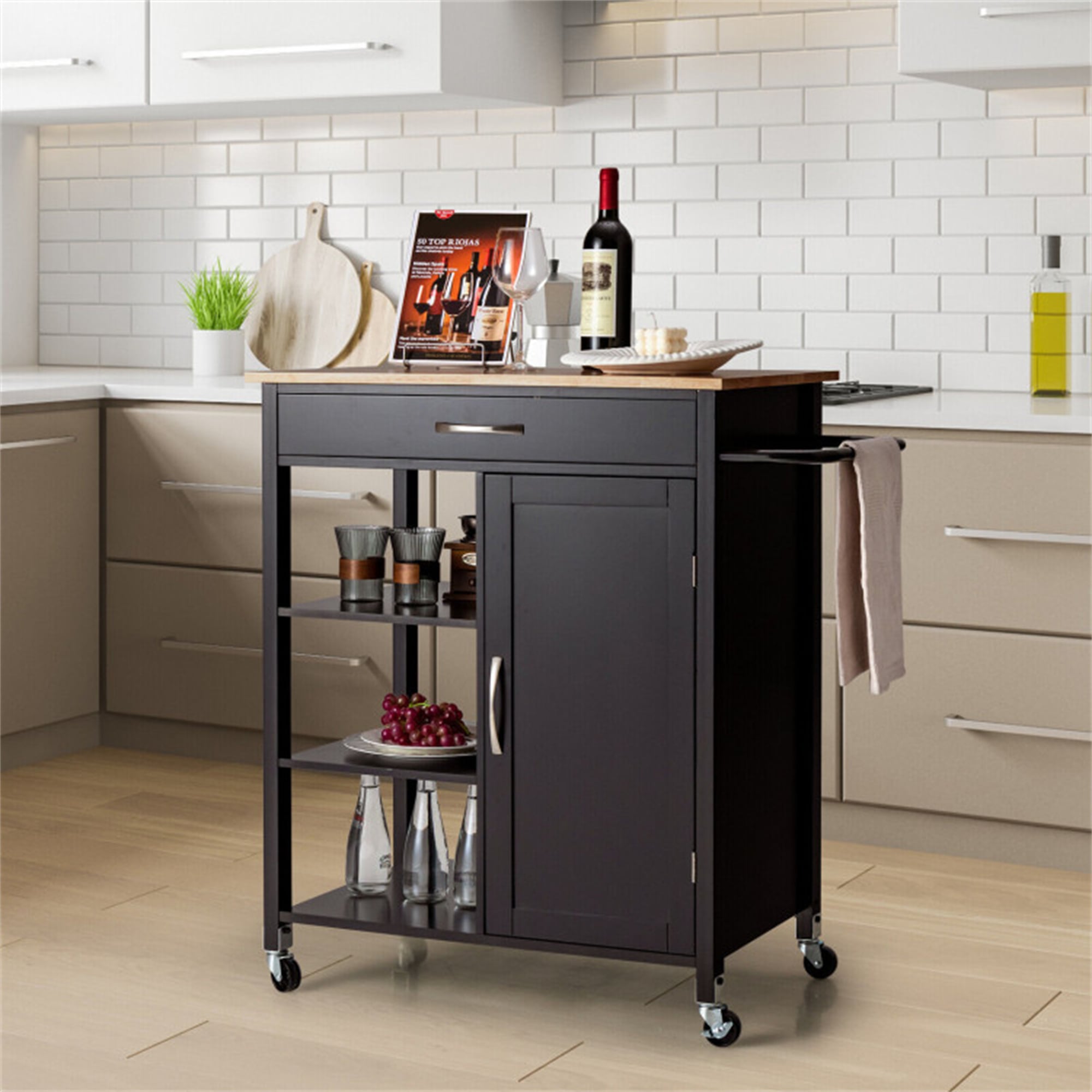 BABOOM BOM-KC961BN-CO Brown MDF Base with Wood Rolling Kitchen Cart ( 18.5-Inches x 34.5-Inches x 36-Inches )