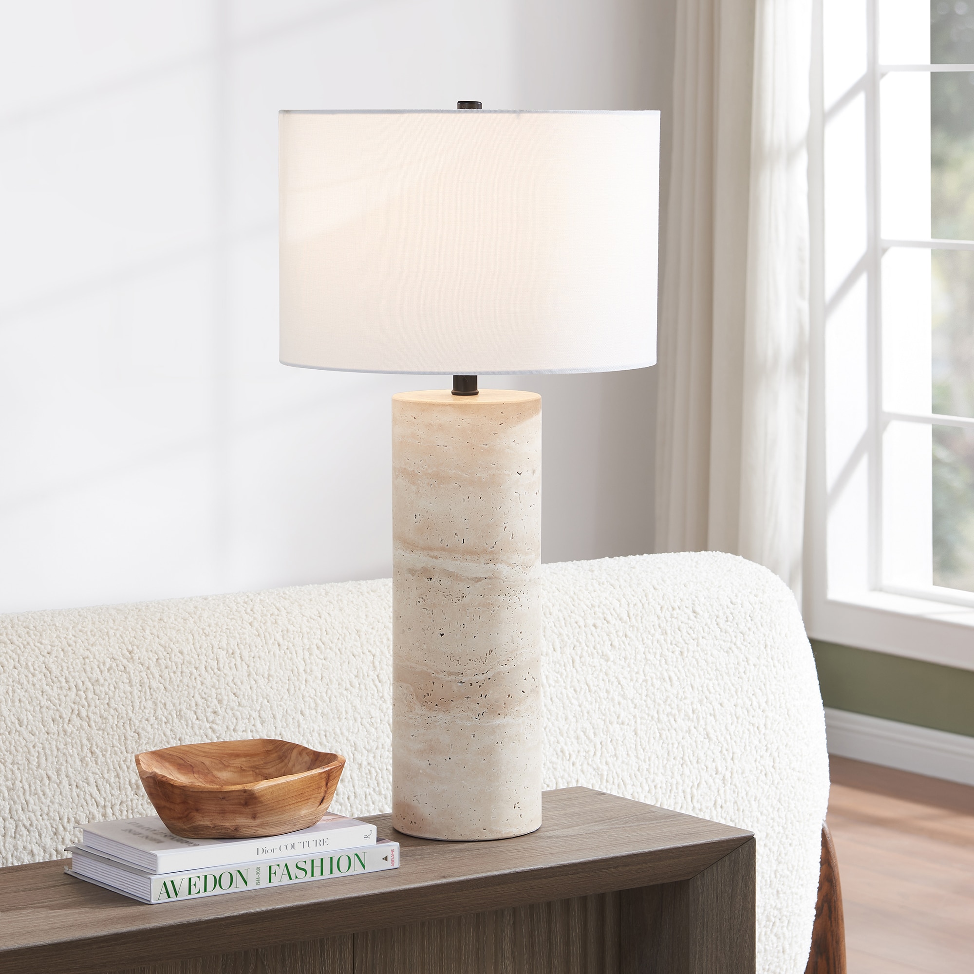 Hailey Home TL2127 Corbett 29-in Natural Travertine Stone LED Incandescent Rotary socket Table Lamp with Fabric Shade