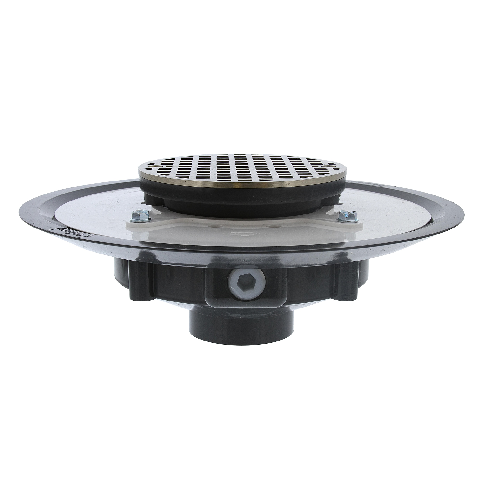 Jones Stephens D53445 2 inch Heavy Duty PVC Floor Drain Base with 3-1/2 inch Plastic Spud, 10 inch Pan and 5 inch Nickel Bronze Round Strainer