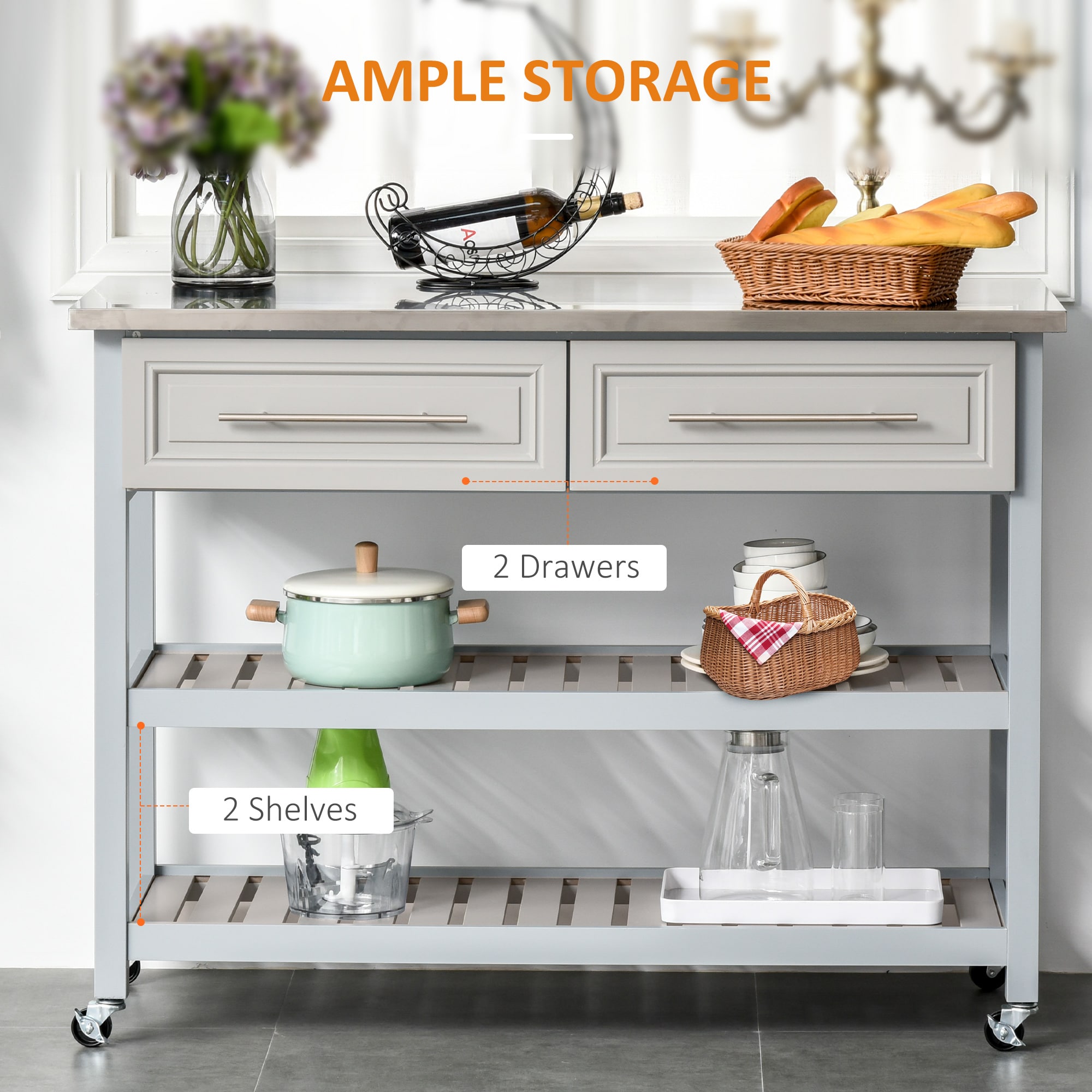 Runesay KI-35 Gray MDF Base with MDF Rolling Kitchen Island ( 19.8-in x 47.3-in x 36-in )