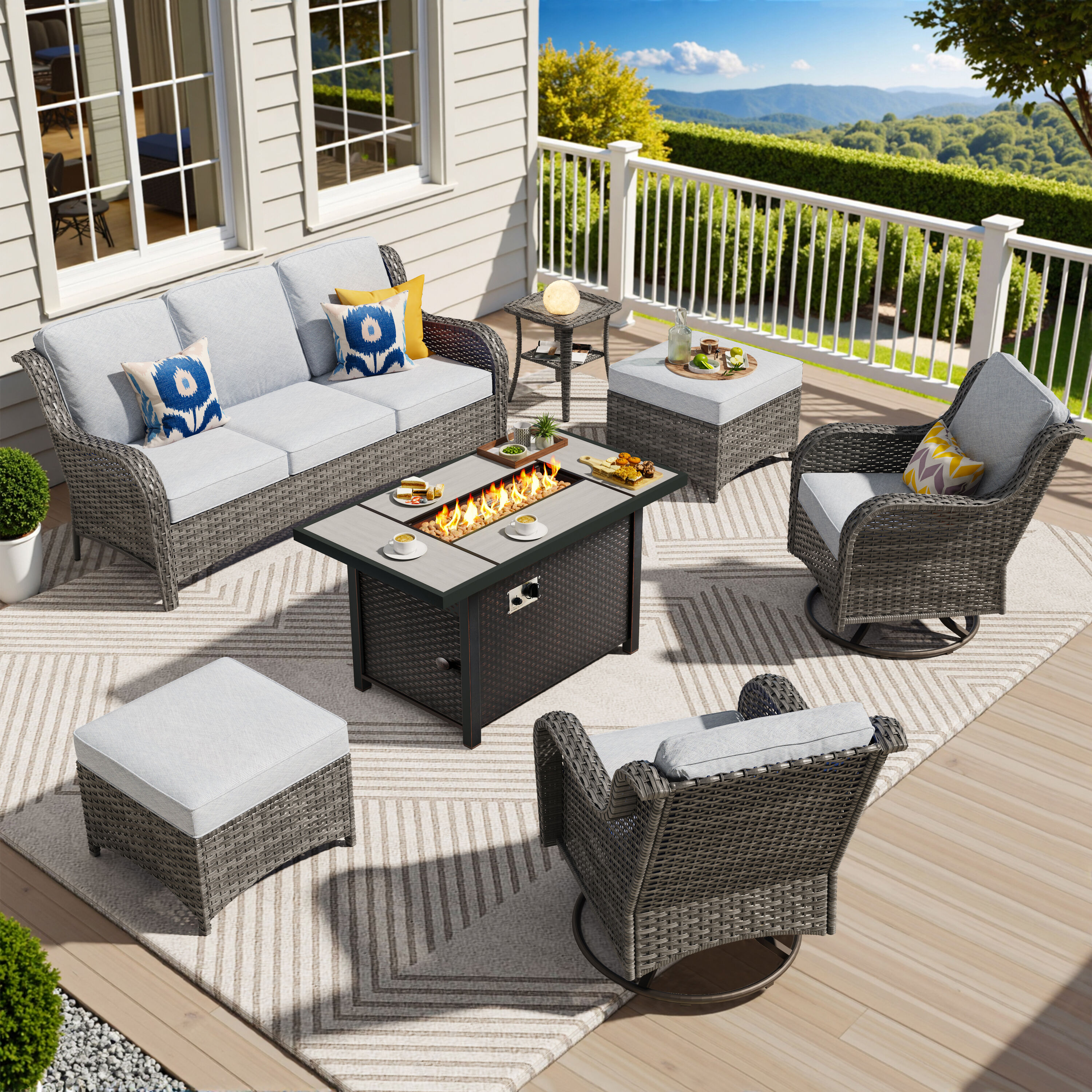 Pouuin SDFPGNTC406 7-Piece Wicker Patio Sofa Conversation Set with Gray Cushions