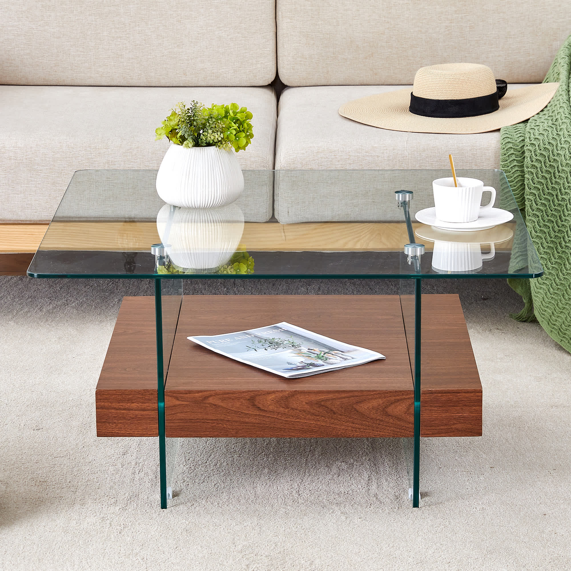 Vynxaria Dark Wood Texture Clear Glass Square Indoor Coffee Table