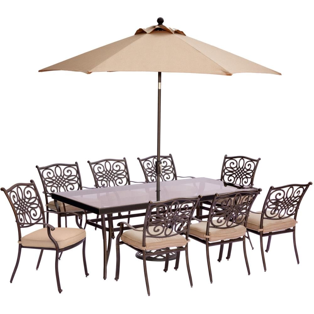 Hanover TRADDN9PCG-SU Traditions 9-Piece Bronze Patio Dining Set with Tan Cushions