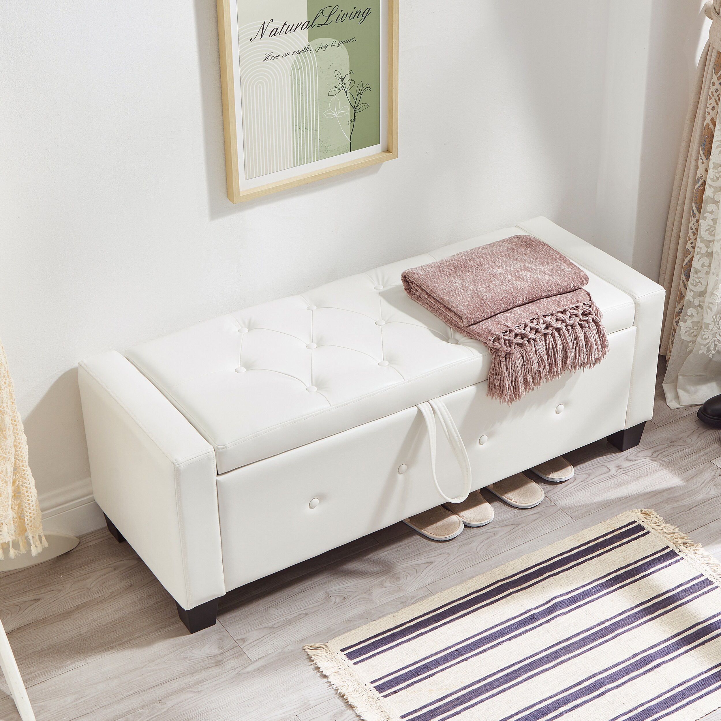 KTMBDW - 48 Inch Ottoman with Storage -Upholstered Faux Leather Ottoman Bench with Safety Hinge a...