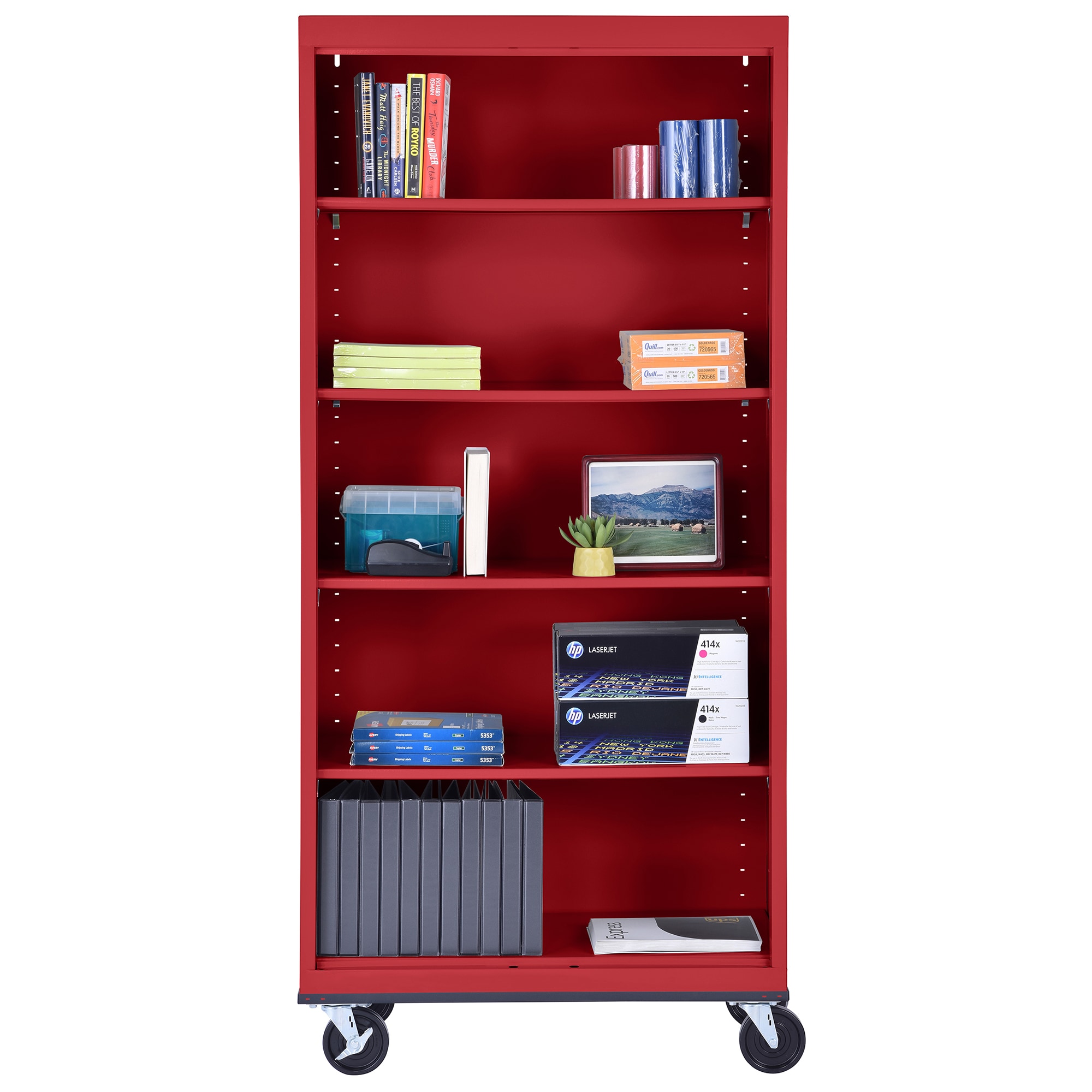 Red Steel Mobile Bookcase with Adjustable Shelves, 78" Height