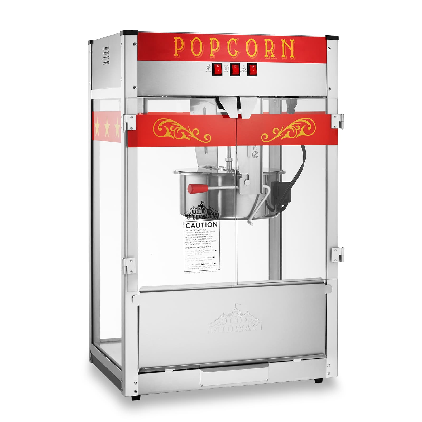 Olde Midway CON-POP-1600-RED Popcorn Machine with Large 16-oz Kettle - Red