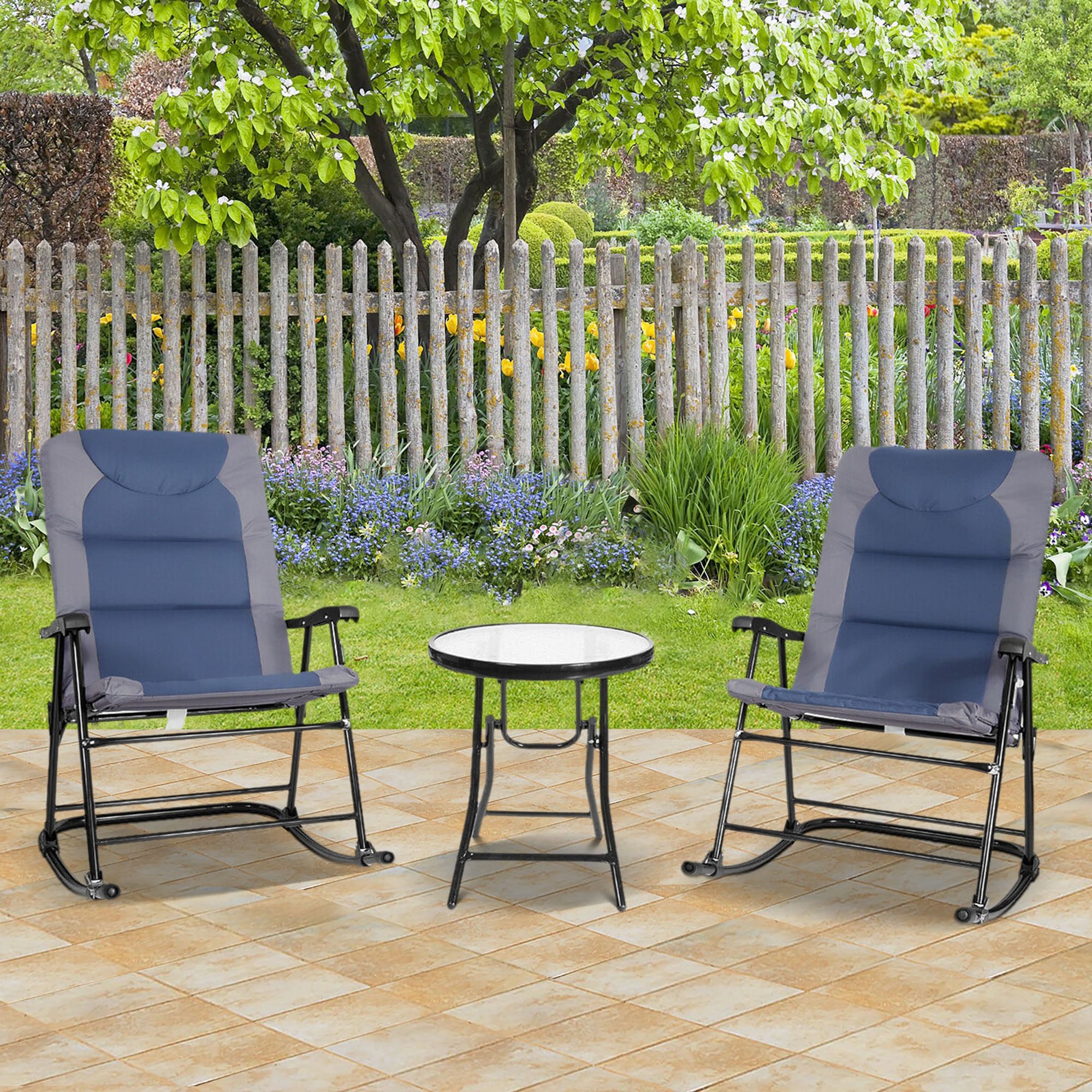 Forclover H9FW-006GR Outdoor Folding Rocking Chair Set 3 -Piece Patio Conversation Set with Blue Cushions