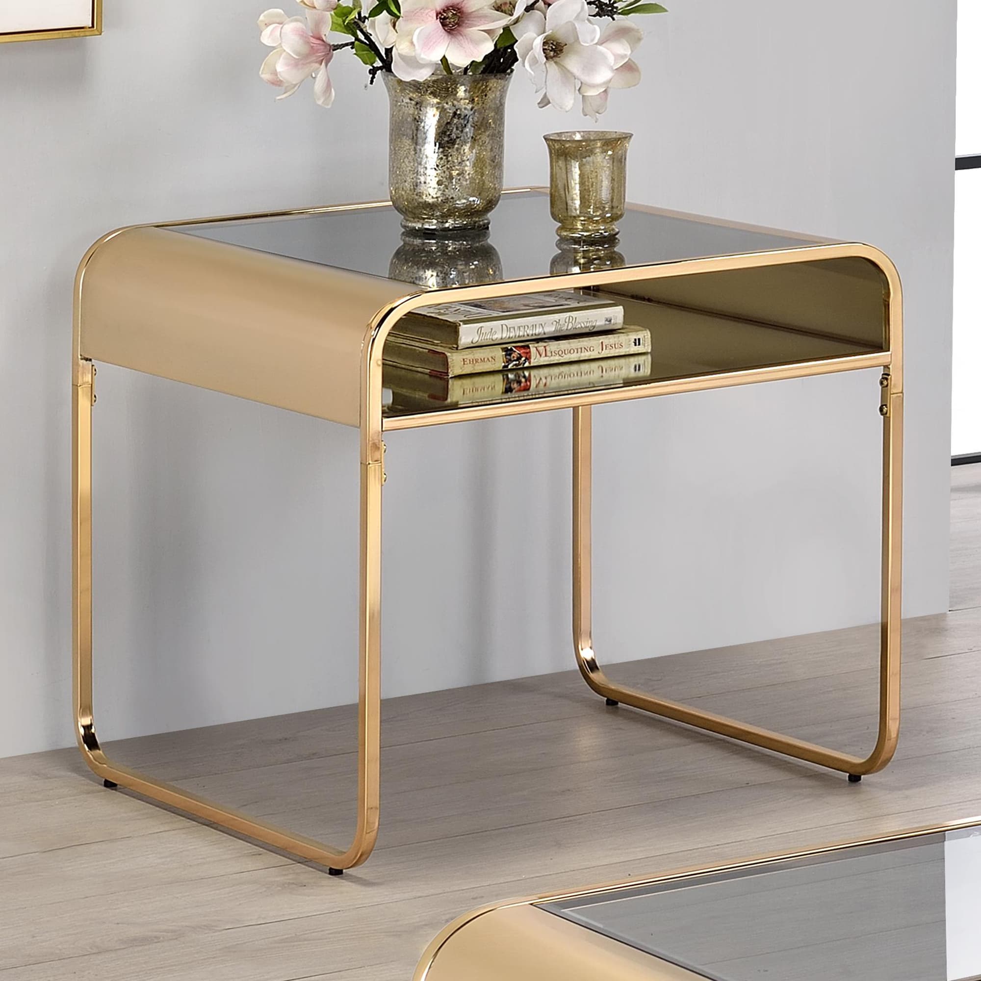 Furniture of America IDF-4246E Shelburn 24-in W x 23.75-in H Gold Glass Square Modern End Table with Storage Assembly Required