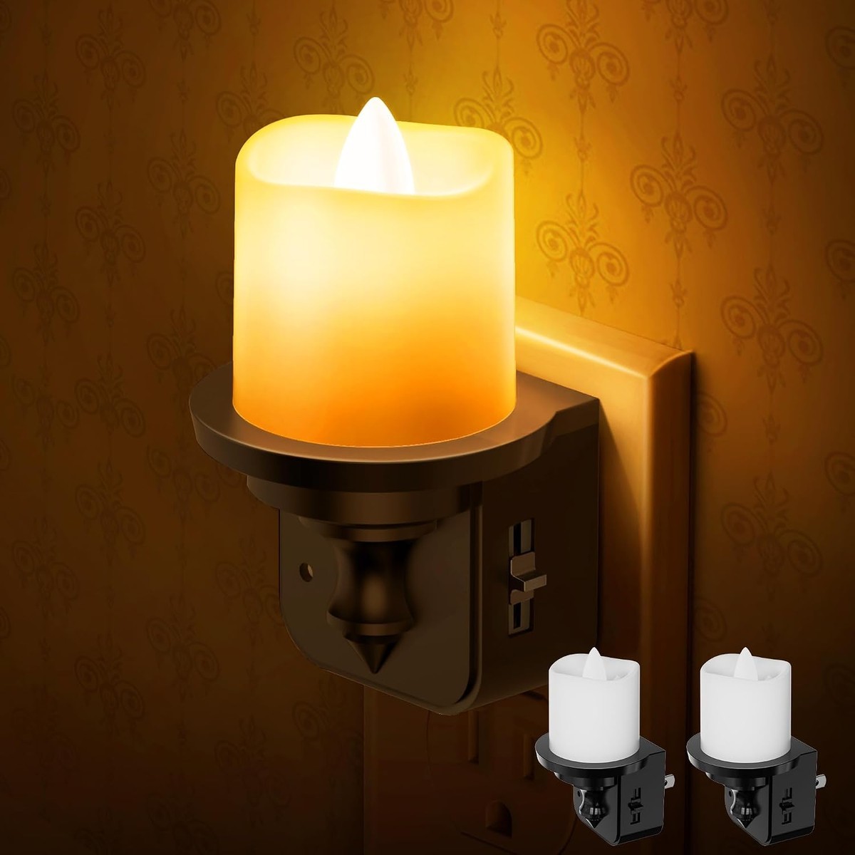 Haisijing  2 Pack Amber Flameless Candle Night Light with Light Sensor Dimmable LED Plug-in Wall Light for Bedroom Living Room