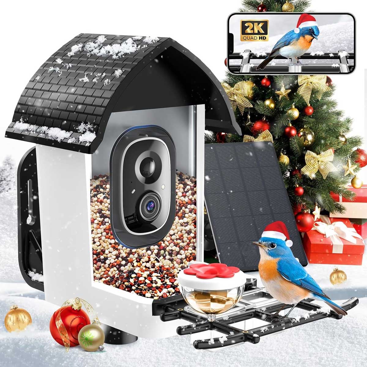 Aoibox  Smart Bird Feeder Camera 2K HD Live View AI Bird Identification Instant Alerts Weatherproof Solar Powered 2.4GHz WiFi 1 Piece