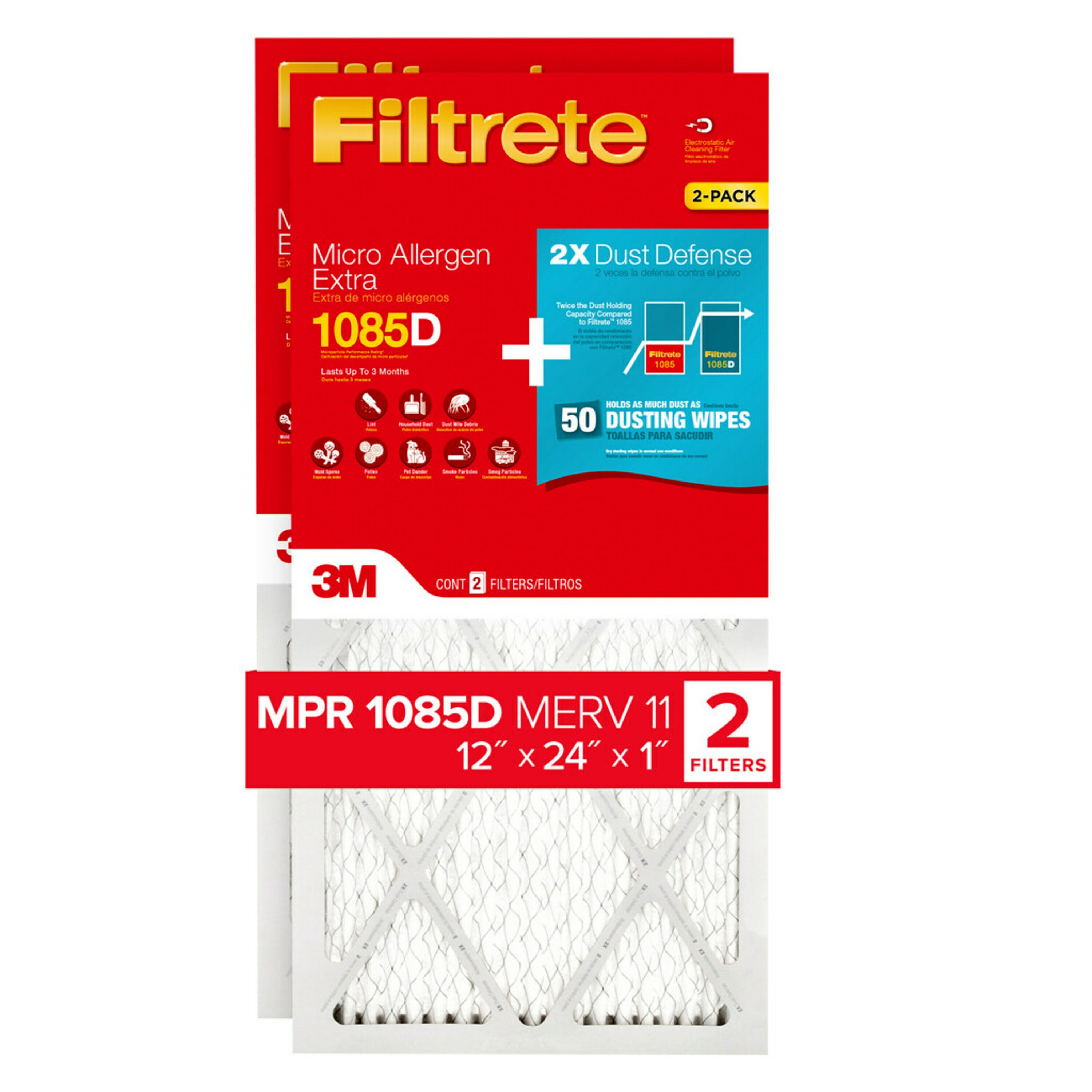 verwerken Mand Discriminatie Filtrete 12-in W x 24-in L x 1-in 1085 MPR Micro Allergen Extra + Dust  Defense 2-Pack Electrostatic Pleated Air Filter in the Air Filters  department at Lowes.com