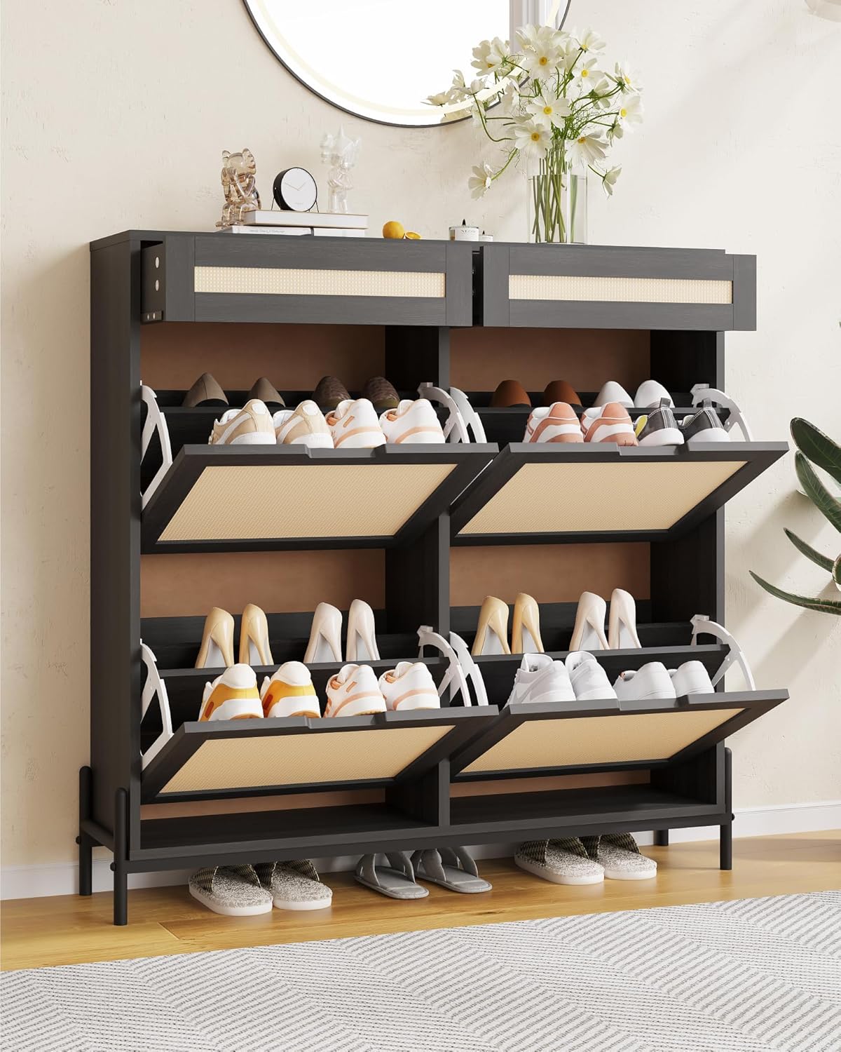 Garvee Narrow Shoe Cabinet for Entry 4 Doors 2 Drawer Adjustable Shelves Modern Organizer Space Saving for Up to 24 Pairs of Shoes Compact Rattan Shoe Rack for Hallway Black #OYF-PHK-35AHMQSQ