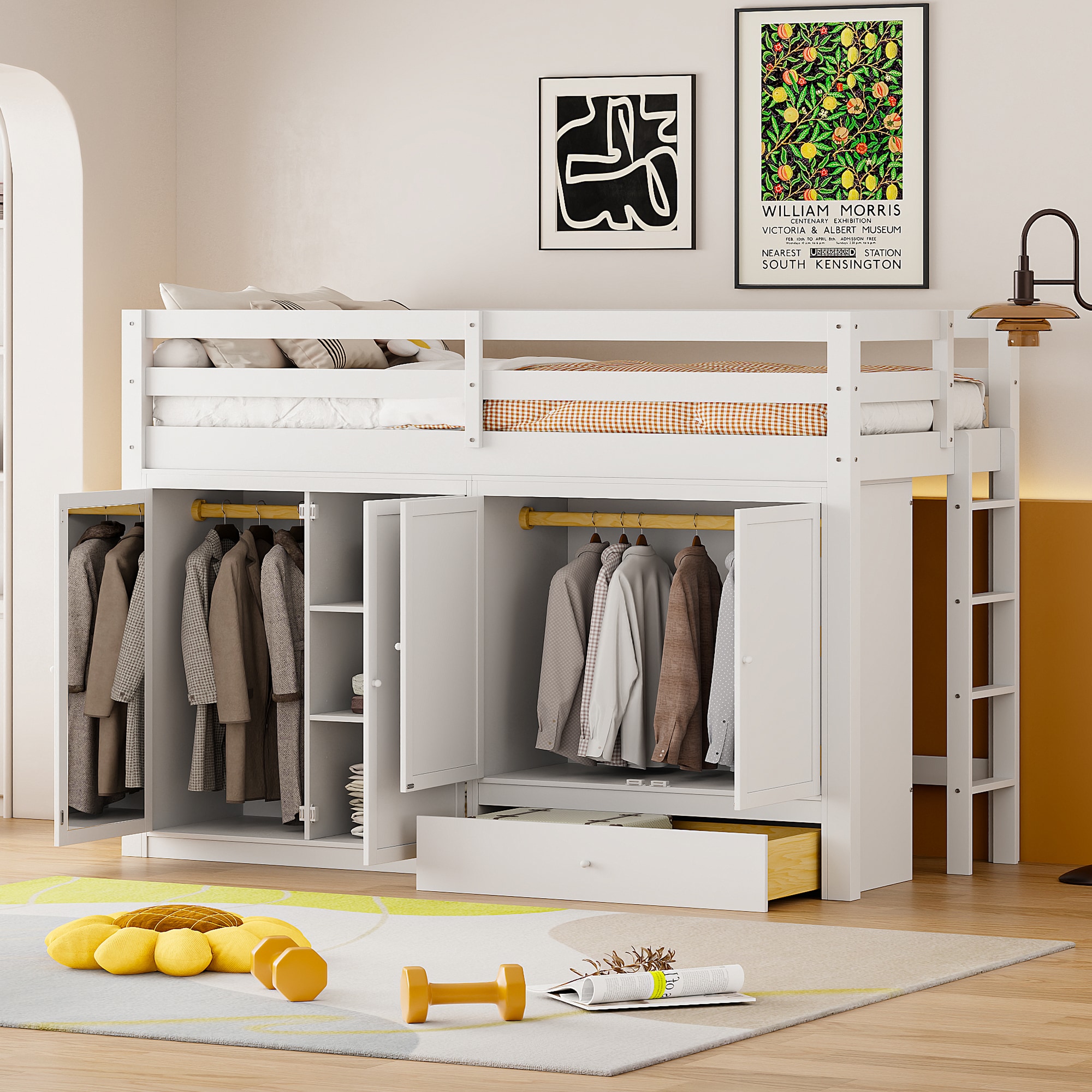 Nestfair LB0812K White Twin Wood Bed frame Bed with Storage