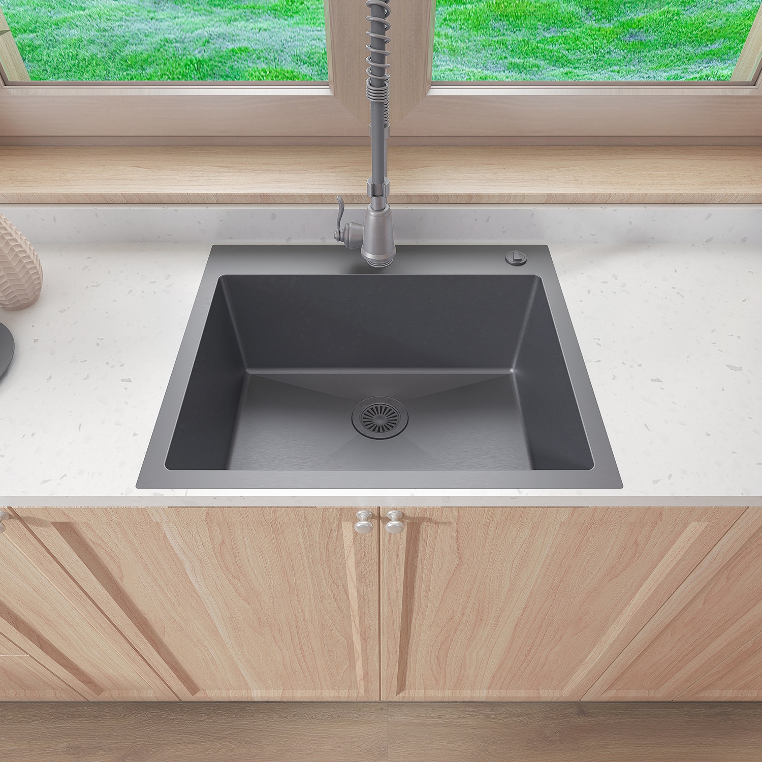 Sinber 25" Black Stainless Steel Single Bowl Kitchen Sink with Drainboard