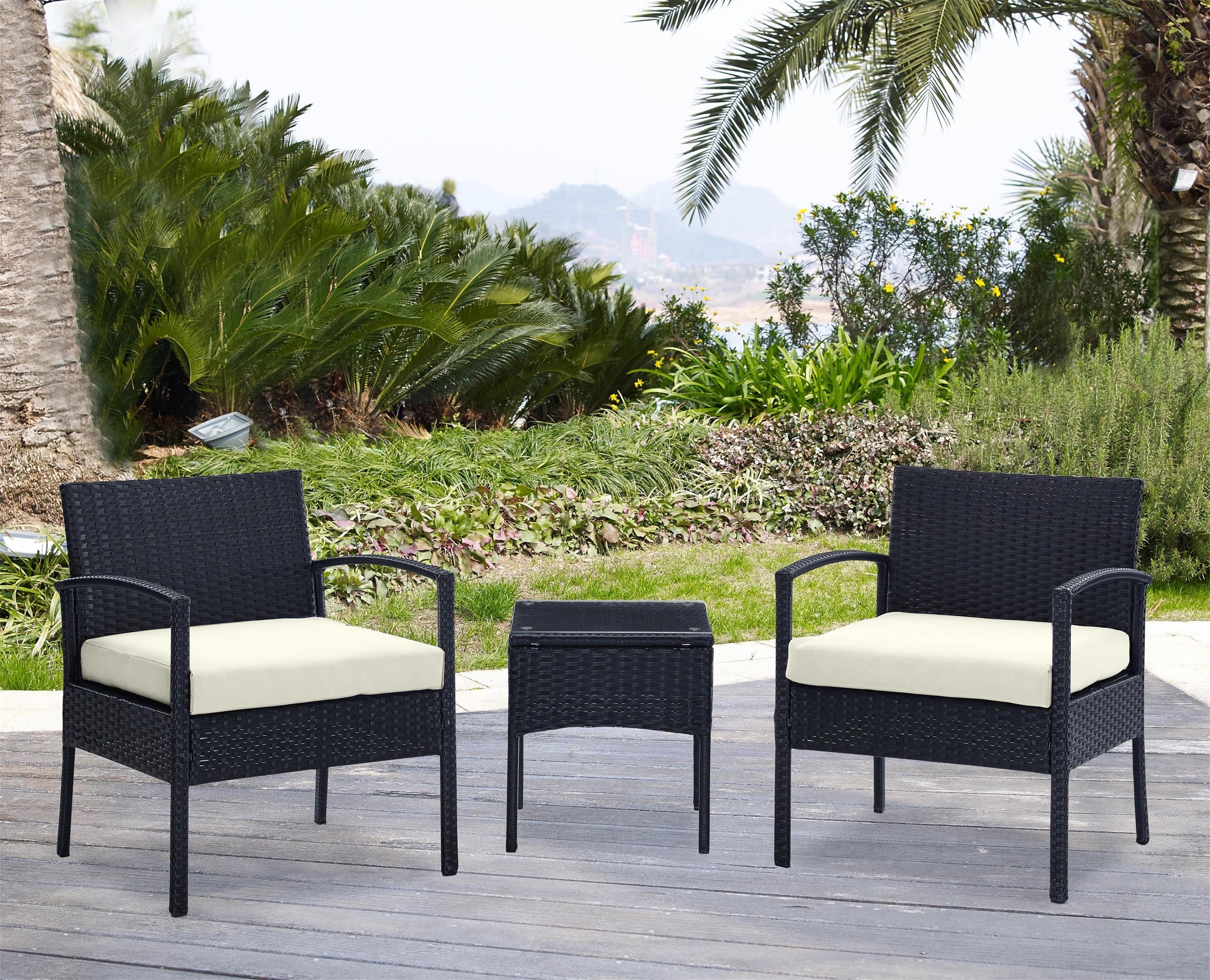 Manhattan Comfort OD-CV006-CR Imperia 3 -Piece Rattan Patio Conversation Set with Off-white Cushions