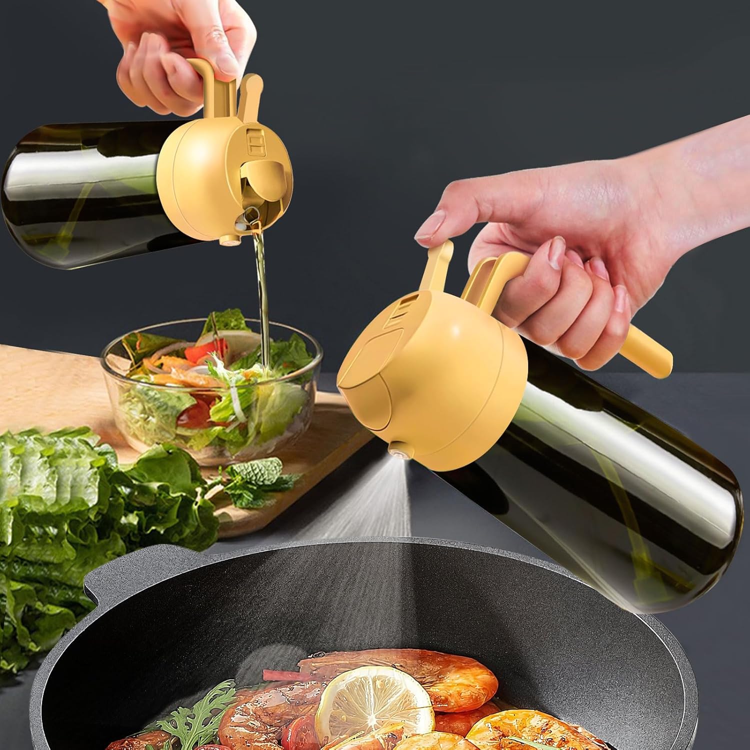 YARRAMATE Dark Oil Sprayer 16oz 470ml Light Blocking Dark Green Glass Bottle 2 in 1 Olive Oil Dispenser for Kitchen Air Fryer BBQ