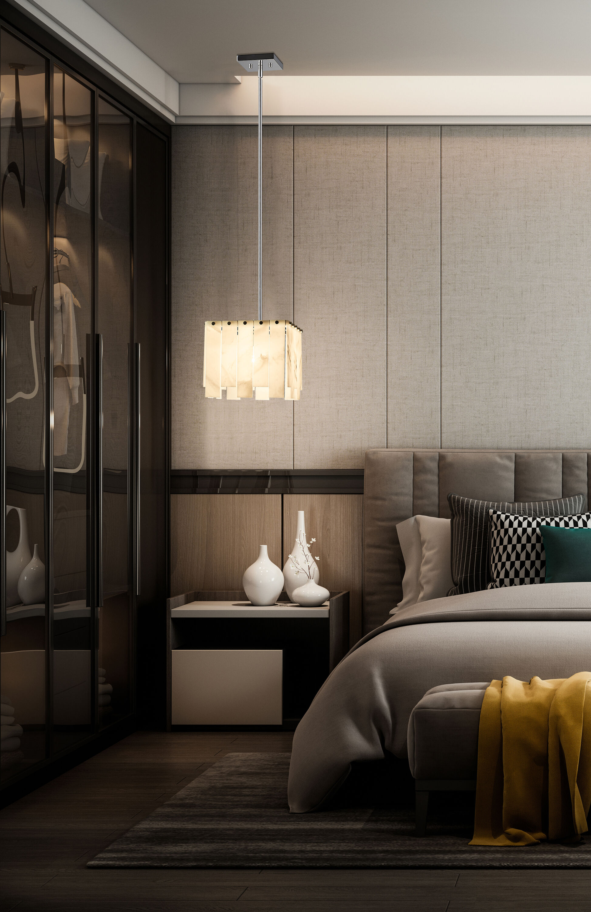 Art Deco Minimalist Alabaster & Polished Nickel Pendant Light