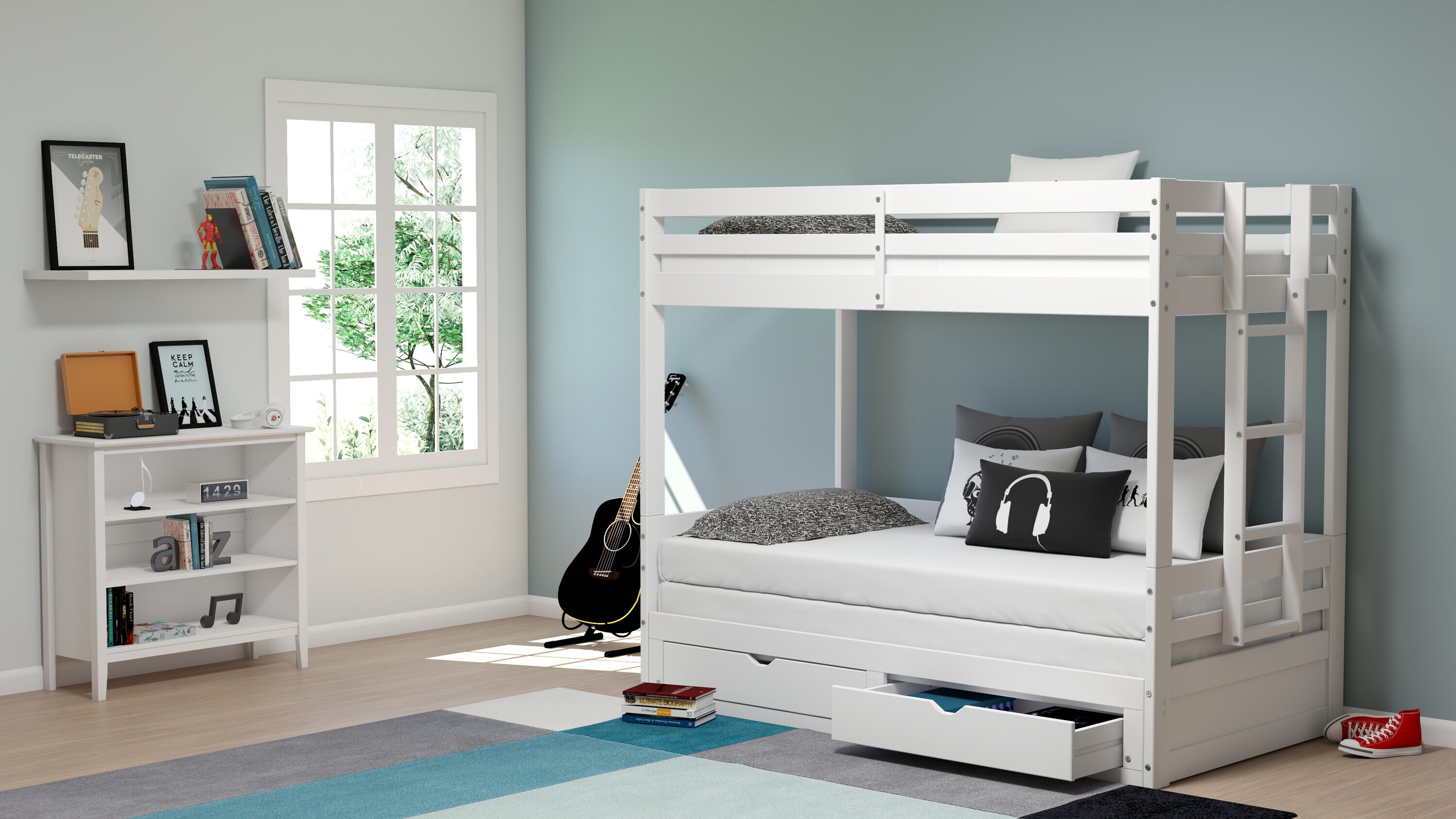 White Adjustable Kids Wooden Under Window Bookcase