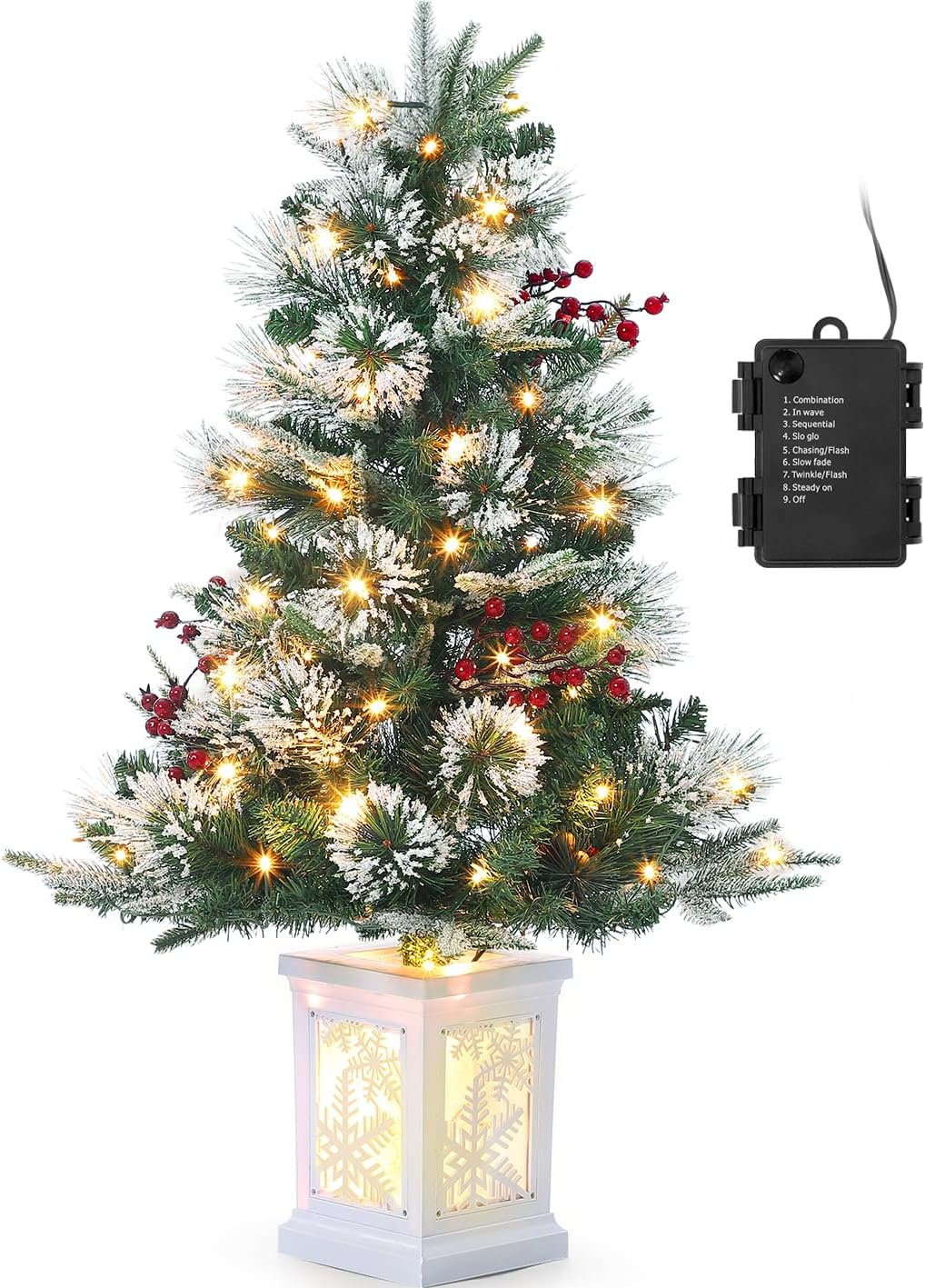 Qeetex DYQ-PHO-0WIH7XC9 3 Ft Prelit Premium Snow Flocked Artificial Christmas Tree with 8 Mode Warm White Led  Mini Prelit Xmas Pine Tree for Christmas Decoration Yard Home Office Outdoor Indoor