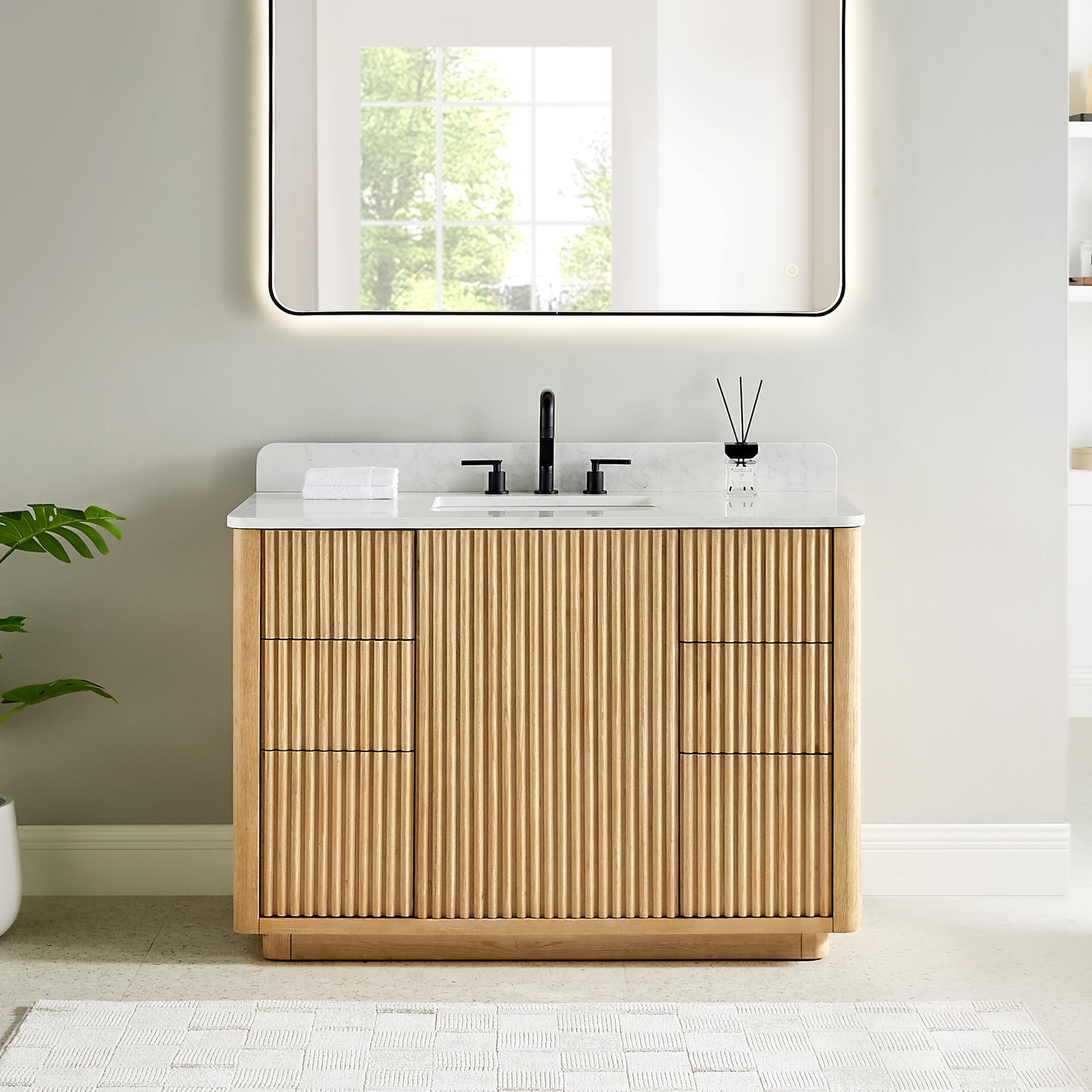 Altair 580048-WL-GW-NM Clayton 48-in Washed Light Brown Undermount Single Sink Bathroom Vanity with Grain White Engineered Stone Top
