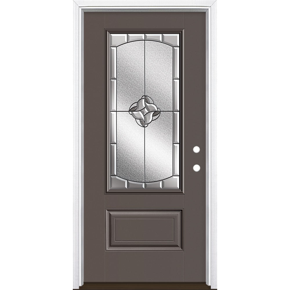 Masonite 3423037 Rozet 36-in x 80-in x 4-9/16-in Fiberglass 3/4 lite Left-hand inswing Timber Gray Painted Prehung Single door Front Door with Brickmould Insulating core Decorative glass