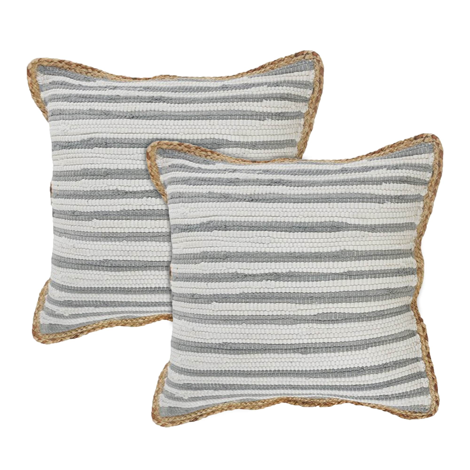 Gray and White Striped Cotton Throw Pillows with Braided Border, Set of 2