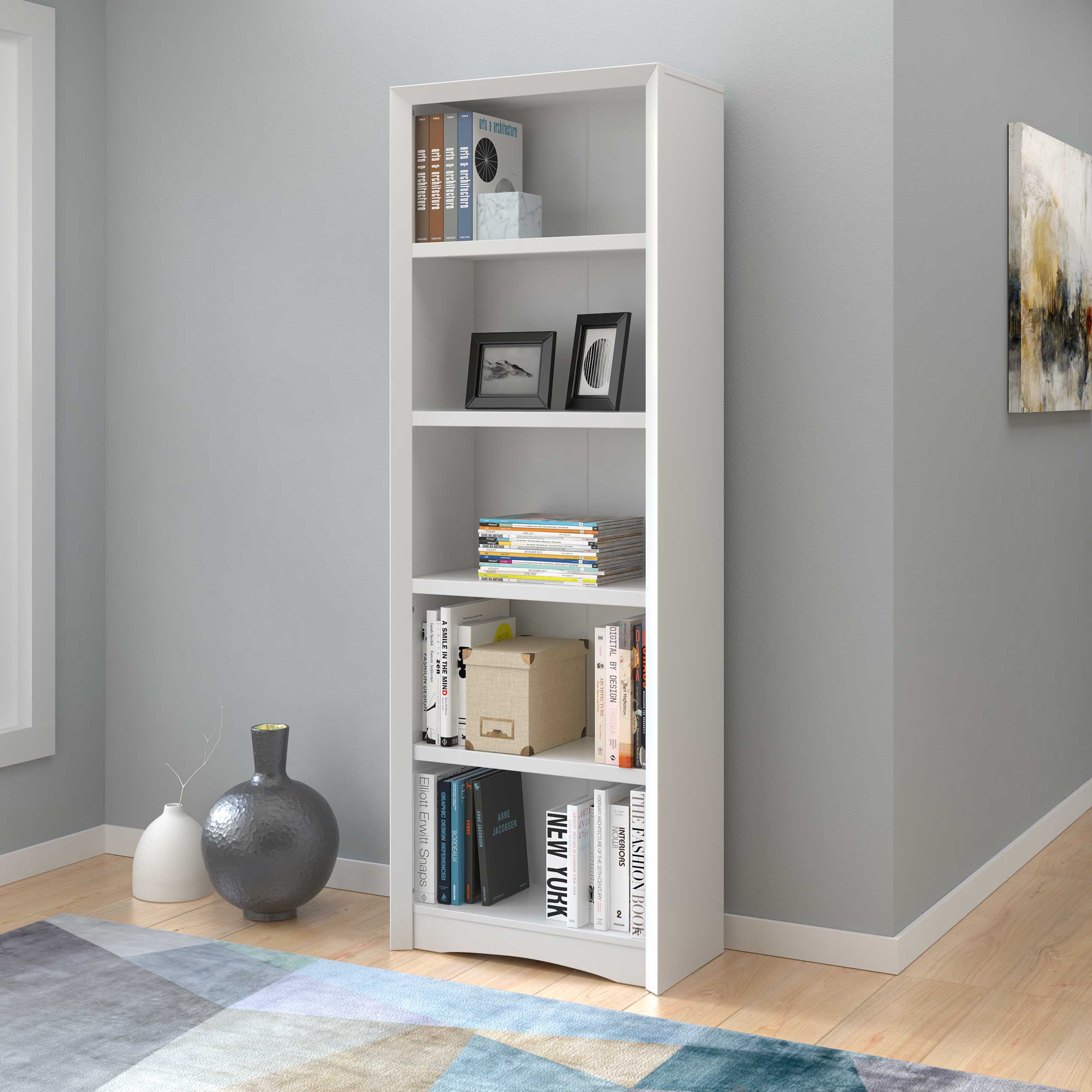 Vineego Wood Bookcase Tall Book Shelves 5 Display Storage Organization Furniture for Living Room,Ivory White, Size: 28.34 inch x 11.41 inch x 71.25