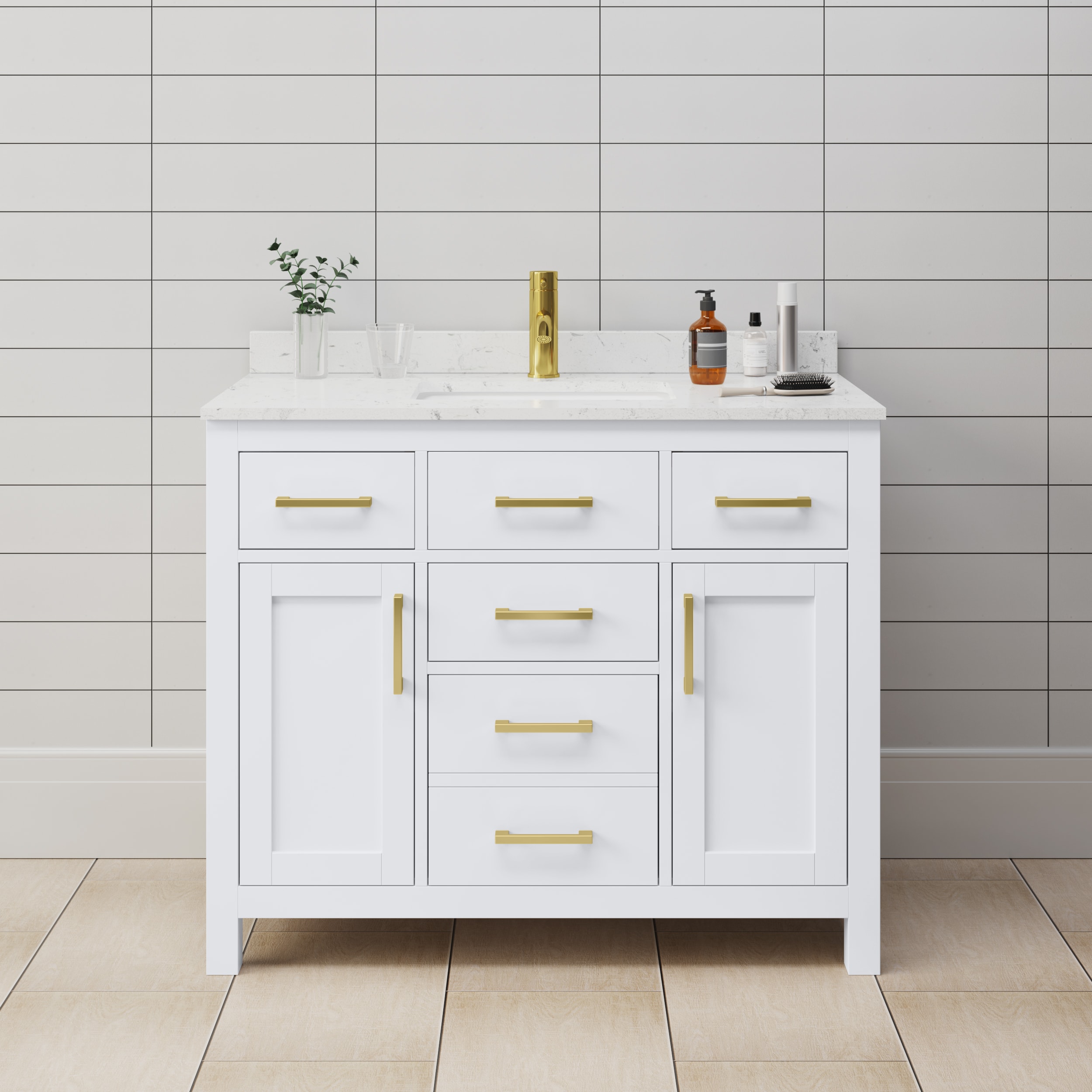 Wyndham Collection WCG242442SWGCCUNSMXX Beckett 42-in White with Brushed Gold Trim Undermount Single sink Bathroom Vanity with Carrara Cultured Marble Cultured marble Top