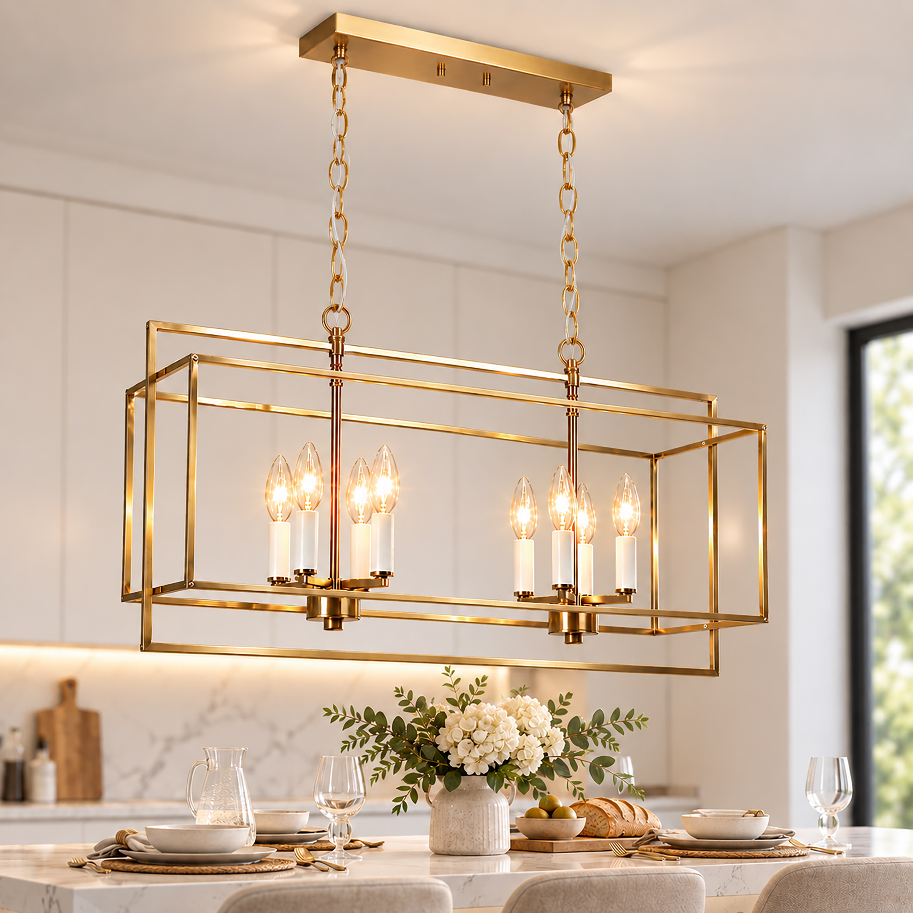 LNC Hoyueren 31.9 in 8 -Light Polished Gold and Matte White Modern/contemporary Cage Rectangle Large Hanging Kitchen Island Light
