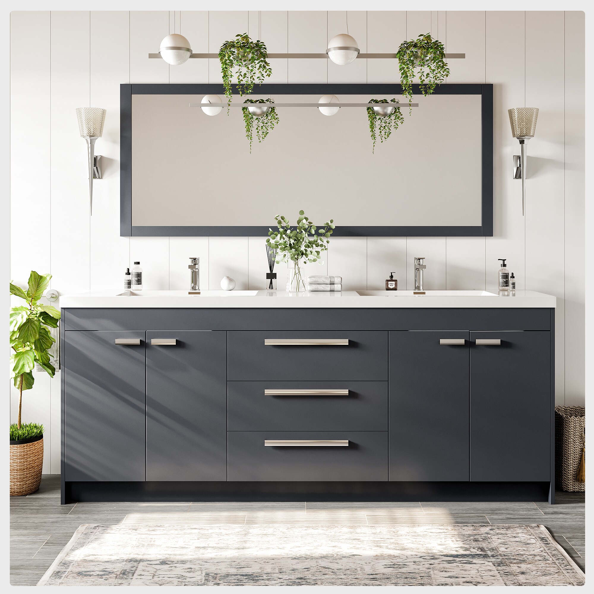Eviva Lugano 84" Gray Modern Freestanding Double Sink Vanity with Acrylic Top