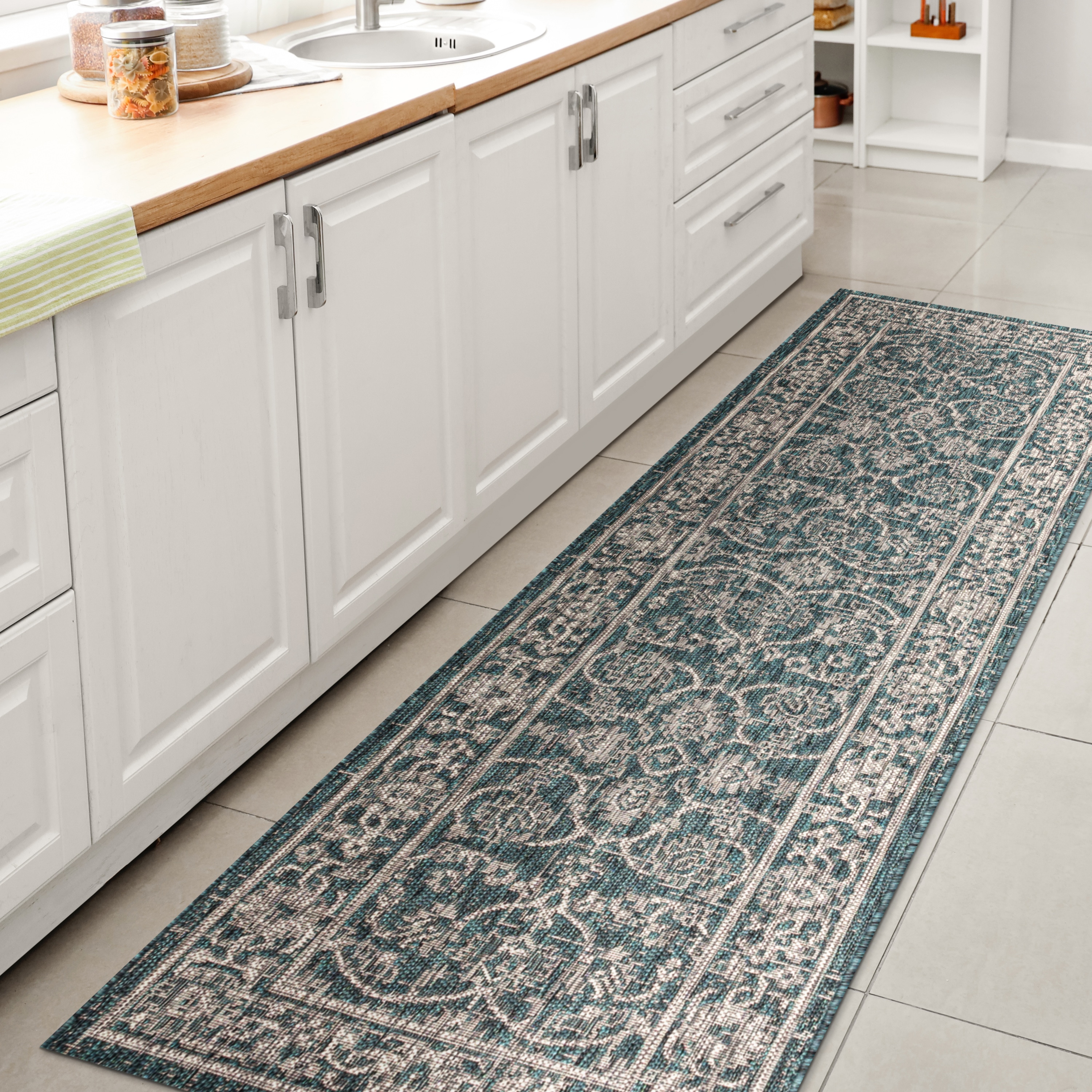 JONATHAN  Y SMB103B-28 Santa Monica Palazzo Vine and Border Textured Weave 2 x 8 (ft) Loomed Polypropylene Teal/Gray Rectangular Indoor/Outdoor Border Coastal Runner rug