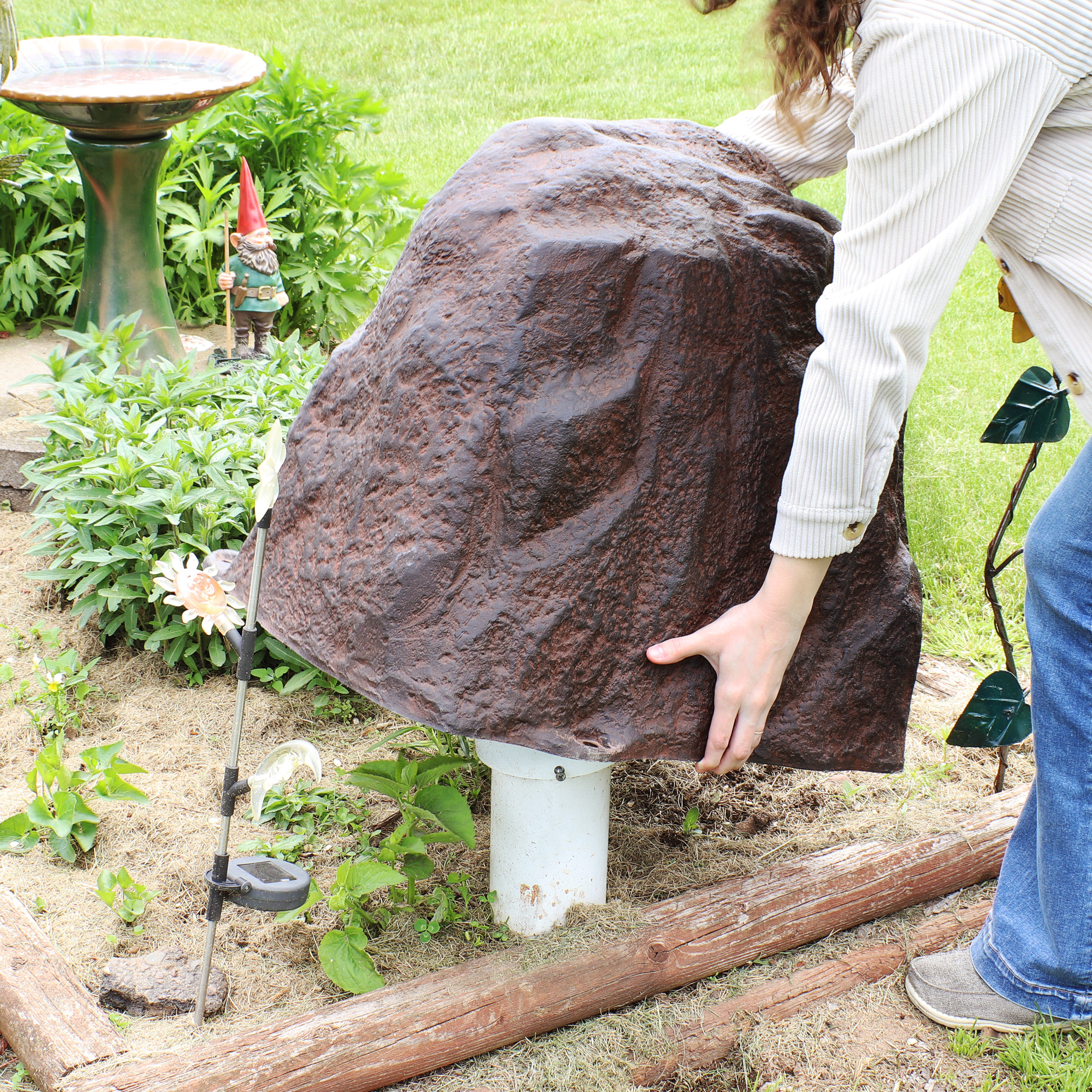 Brown Polyresin Faux Landscape Rock Cover with Metal Stakes